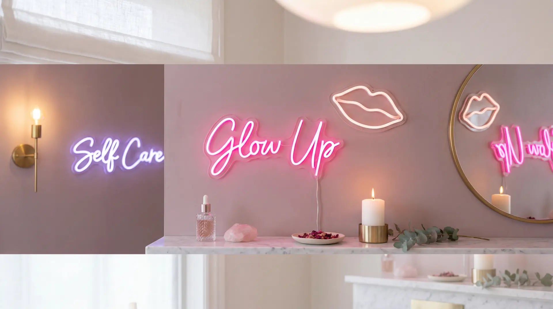 A bright pink neon sign of a girls face with a women standing next to it