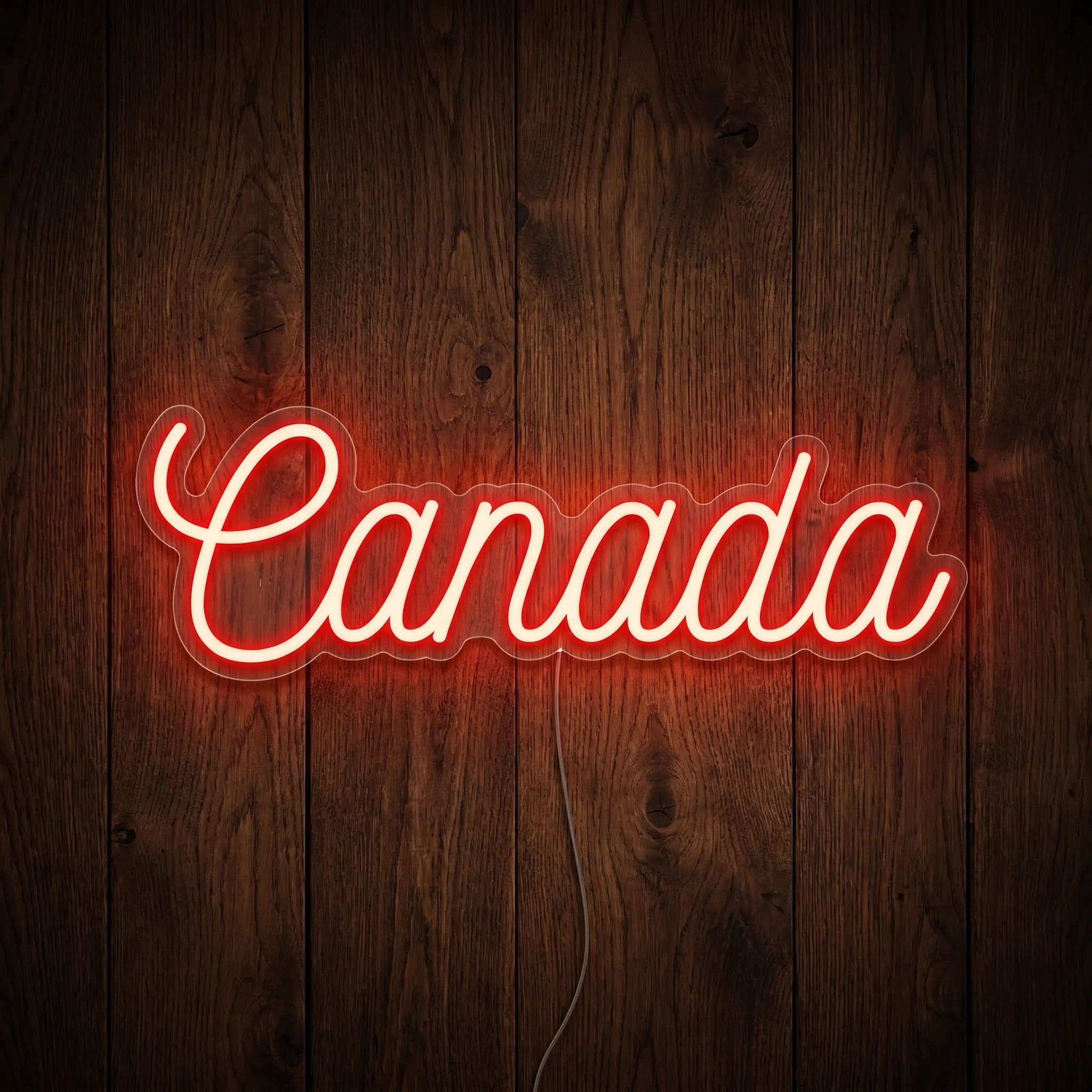 Canada LED neon sign featuring elegant red script lettering on clear acrylic backing