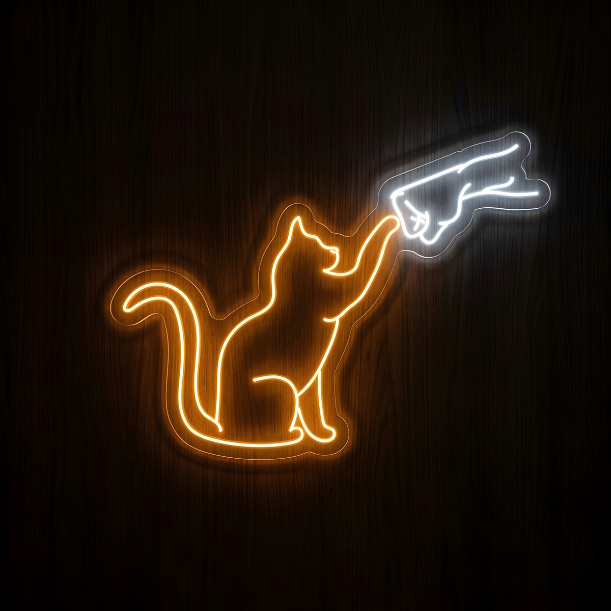 Cat Paw Bump LED Neon Sign featuring a glowing orange cat reaching its paw toward a bright white human hand, displayed on clear acrylic backing for cat lovers, cat cafés, pet stores, veterinary clinics, grooming salons, animal shelters, and pet-themed wall decor