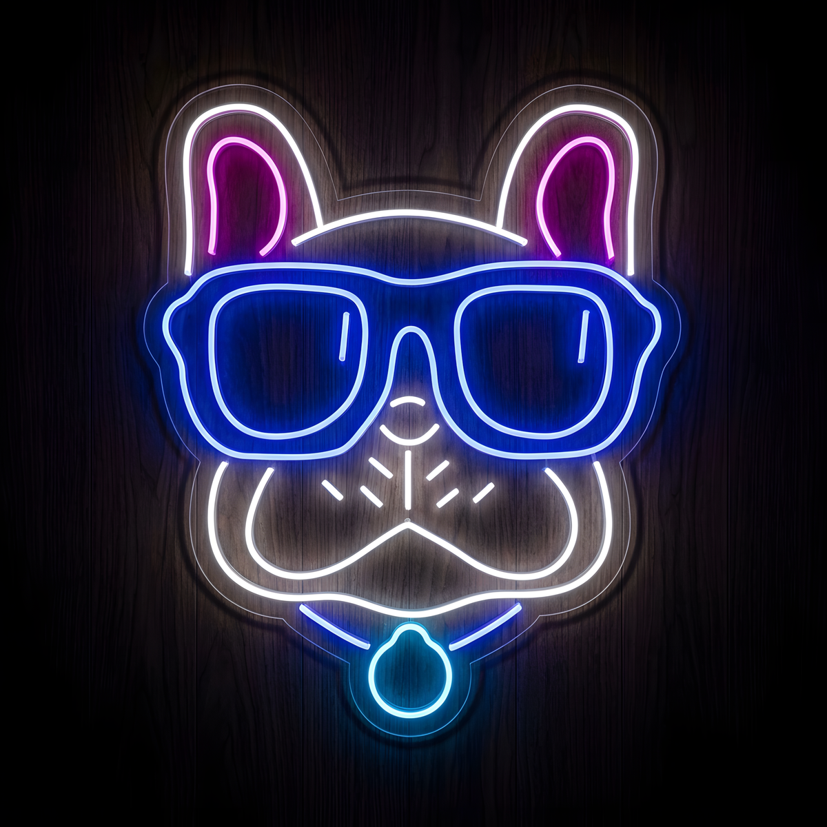 Cool Pug Sunglasses LED Neon Sign featuring a pug face wearing oversized blue glasses with white, pink, and blue glowing details on clear acrylic against a dark wood background, ideal for pug lovers, pet stores, grooming salons, veterinary clinics, doggy daycares, and dog-themed decor.