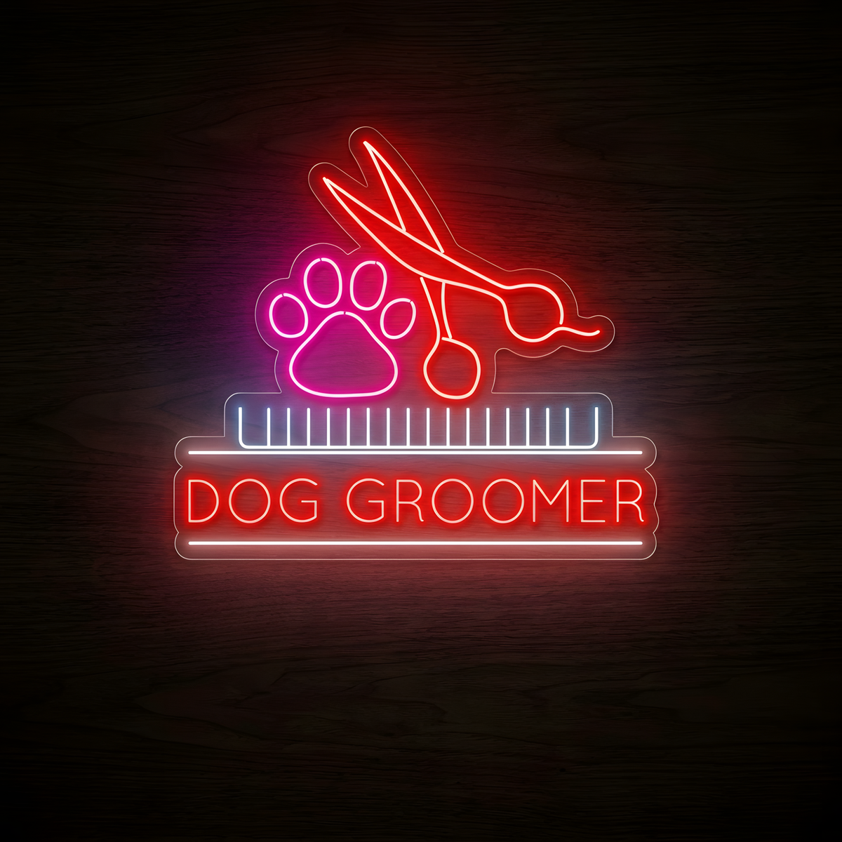 Dog Groomer LED Neon Sign featuring glowing DOG GROOMER lettering with a paw print, grooming scissors, and comb for pet grooming salon wall decor