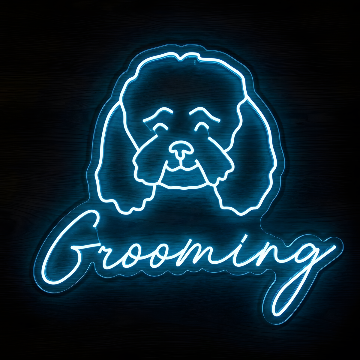 Fluffy Dog Grooming LED Neon Sign featuring a glowing fluffy dog face above Grooming script lettering for pet grooming salon and dog groomer wall decor
