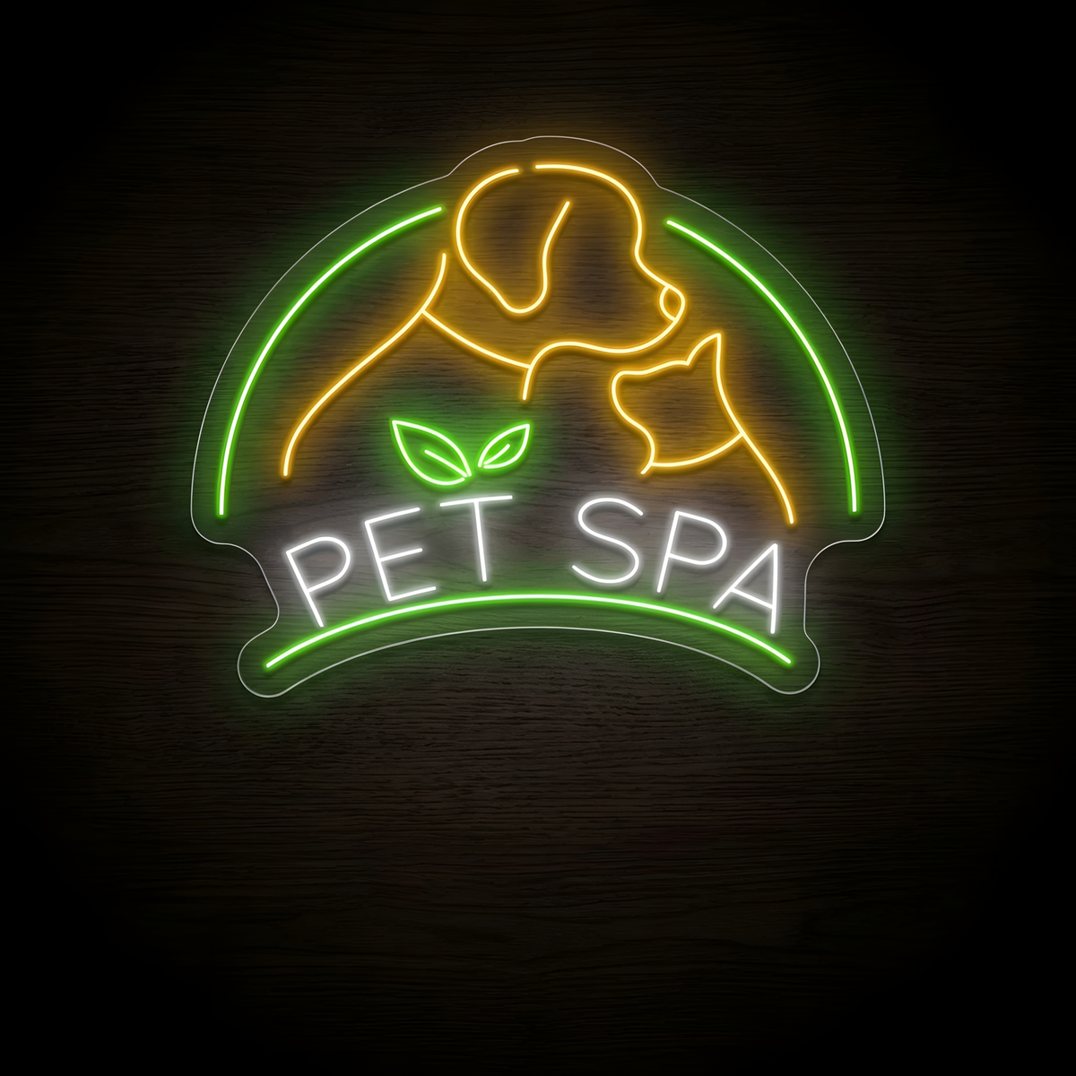 Green Leaf Pet Spa LED Neon Sign featuring glowing dog and cat outlines in warm golden yellow, bright white PET SPA lettering, green leaf accents, and a green illuminated border on clear acrylic backing, designed for pet spas, grooming salons, veterinary clinics, pet wellness centers, and animal care businesses