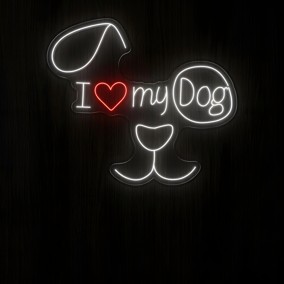 I Love My Dog LED Neon Sign featuring I ♥ my Dog lettering incorporated into a glowing dog face with floppy ears and a red heart for dog lover wall decor