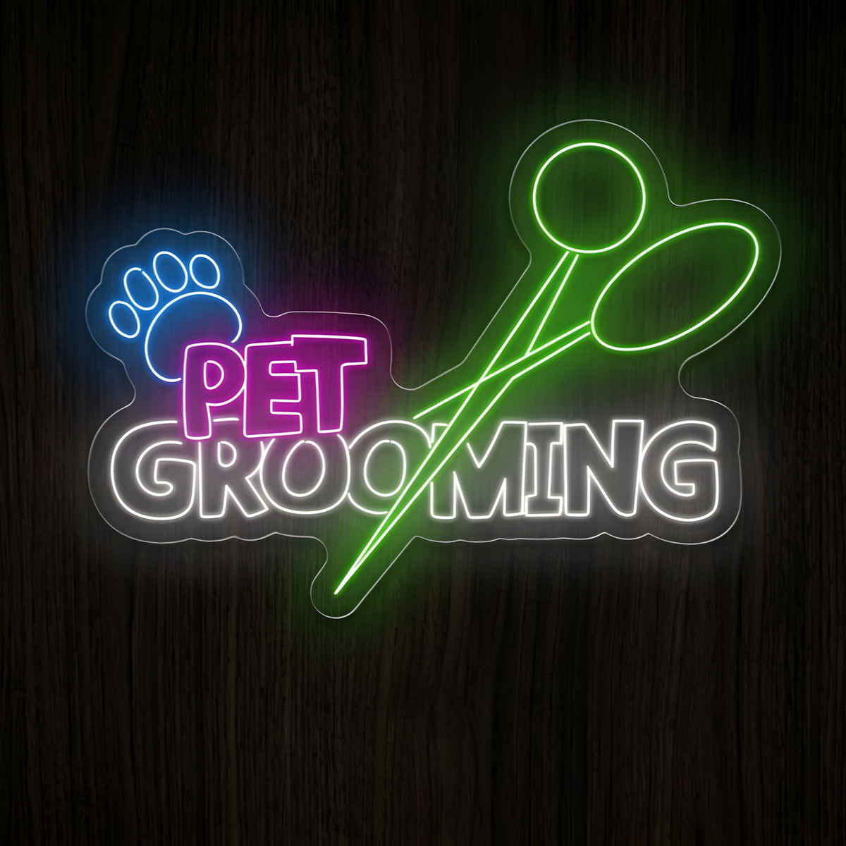 Paws & Shears Pet Grooming LED Neon Sign featuring oversized glowing green grooming scissors, a blue paw print, pink PET lettering, and bright white GROOMING text on clear acrylic backing, designed for dog groomers, pet grooming salons, pet spas, grooming studios, and animal care businesses