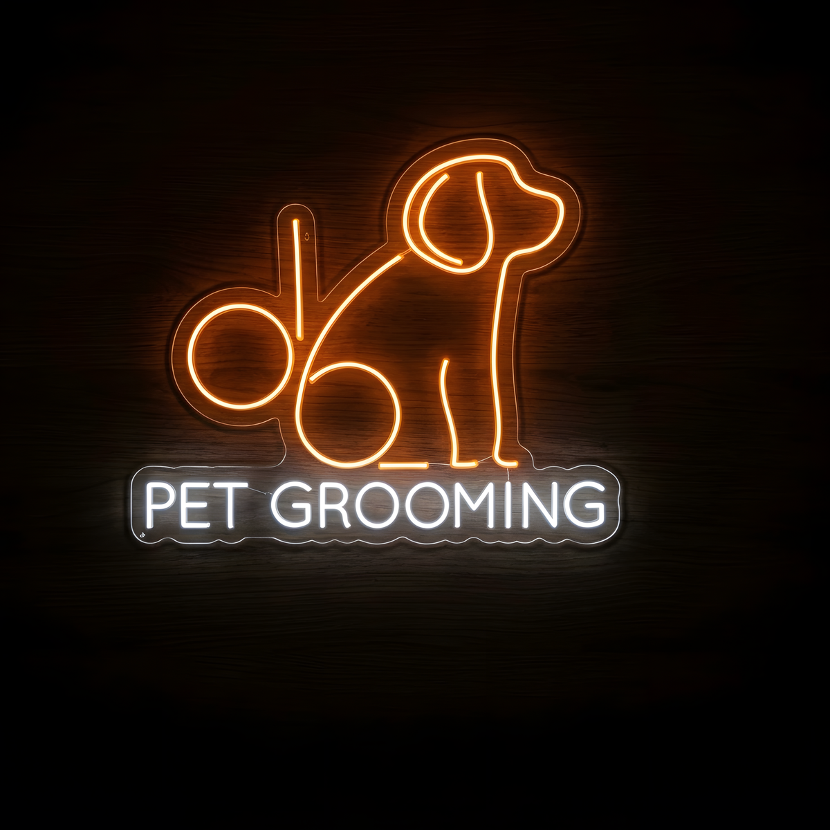 Pet Grooming Dog Outline LED Neon Sign featuring a warm orange seated dog and grooming scissors design with bright white PET GROOMING lettering on clear acrylic backing, ideal for dog grooming salons, pet spas, grooming studios, reception areas, and pet care business storefronts