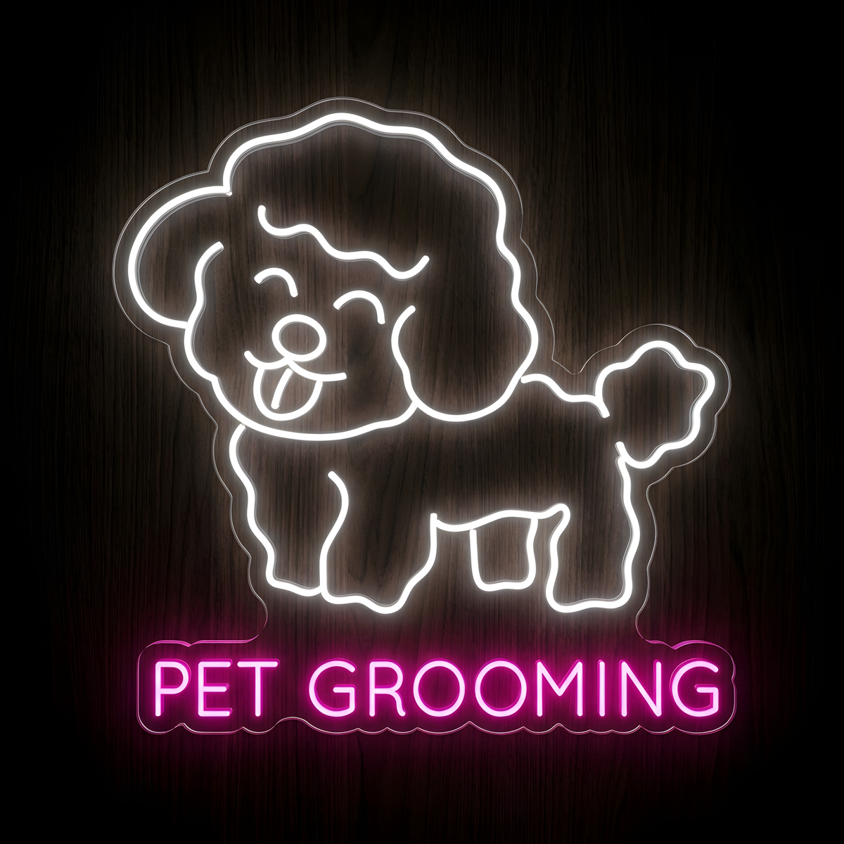 Poodle Pet Grooming LED Neon Sign featuring a cute fluffy dog outlined in bright white with glowing pink PET GROOMING lettering for dog groomers, pet salons, grooming studios, and pet business wall decor