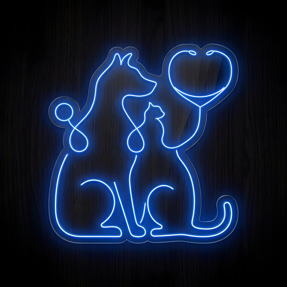 Puppy Love Heart LED Neon Sign featuring glowing blue outlines of a dog and cat sitting together with heart-shaped details, designed for pet lovers, veterinary clinics, pet stores, grooming salons, animal shelters, and pet-themed wall decor