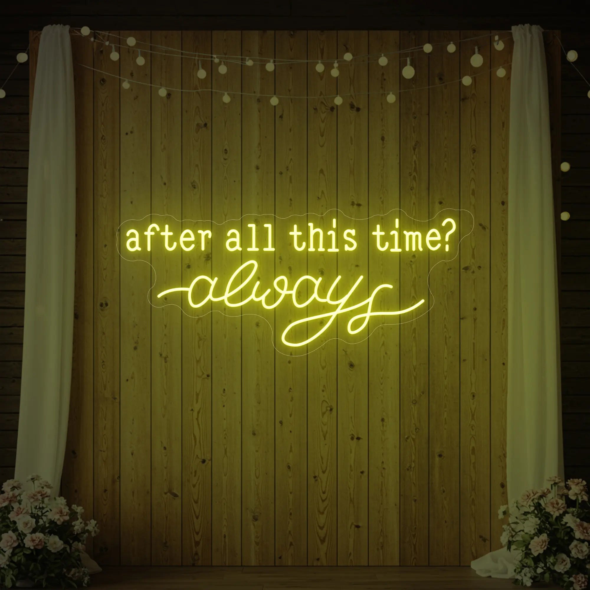 Photo of the 'After All This Time V1' neon sign glowing in lemon yellow against a styled interior wall.