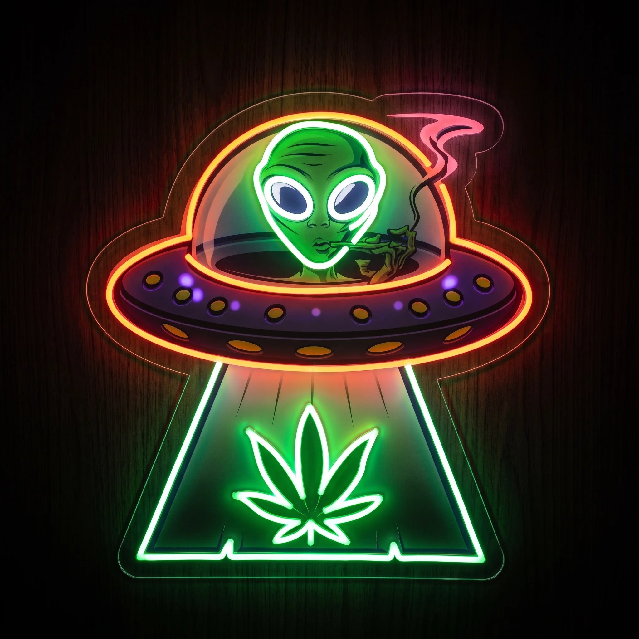 Alien UFO Cannabis LED neon sign featuring a smoking alien inside a flying saucer above a glowing cannabis leaf with vibrant UV printed artwork and LED neon on a clear acrylic backing.