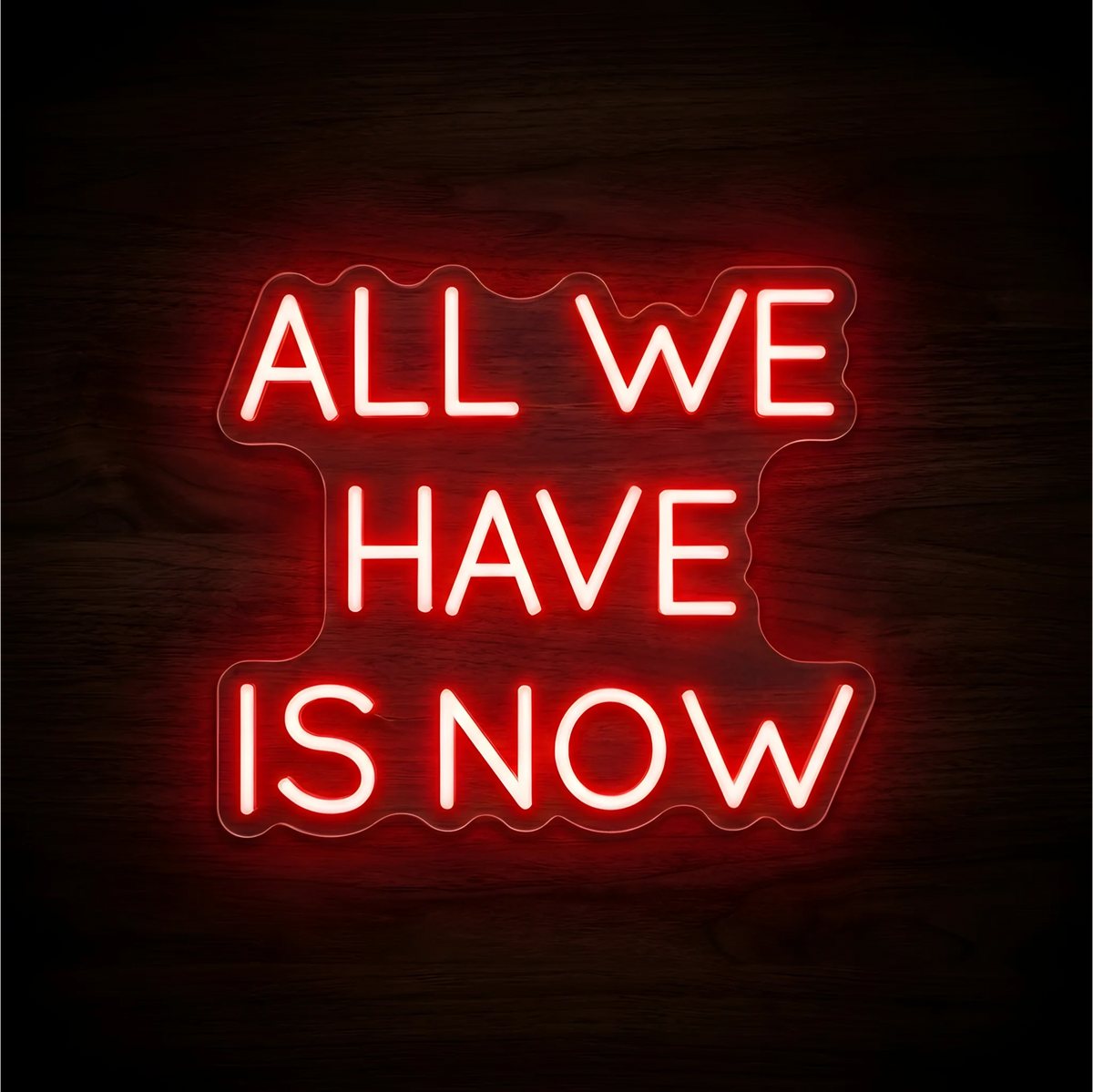 All We Have Is Now LED Neon Sign displaying “ALL WE HAVE IS NOW” in glowing red uppercase lettering on contoured clear acrylic backing against a dark wood background, ideal for living rooms and mindfulness spaces.