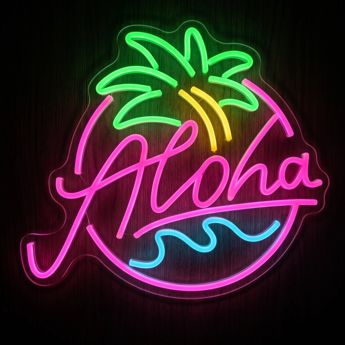 Aloha Sunset LED neon sign with pink Aloha lettering, green palm leaves, yellow sunset accents and blue ocean waves.