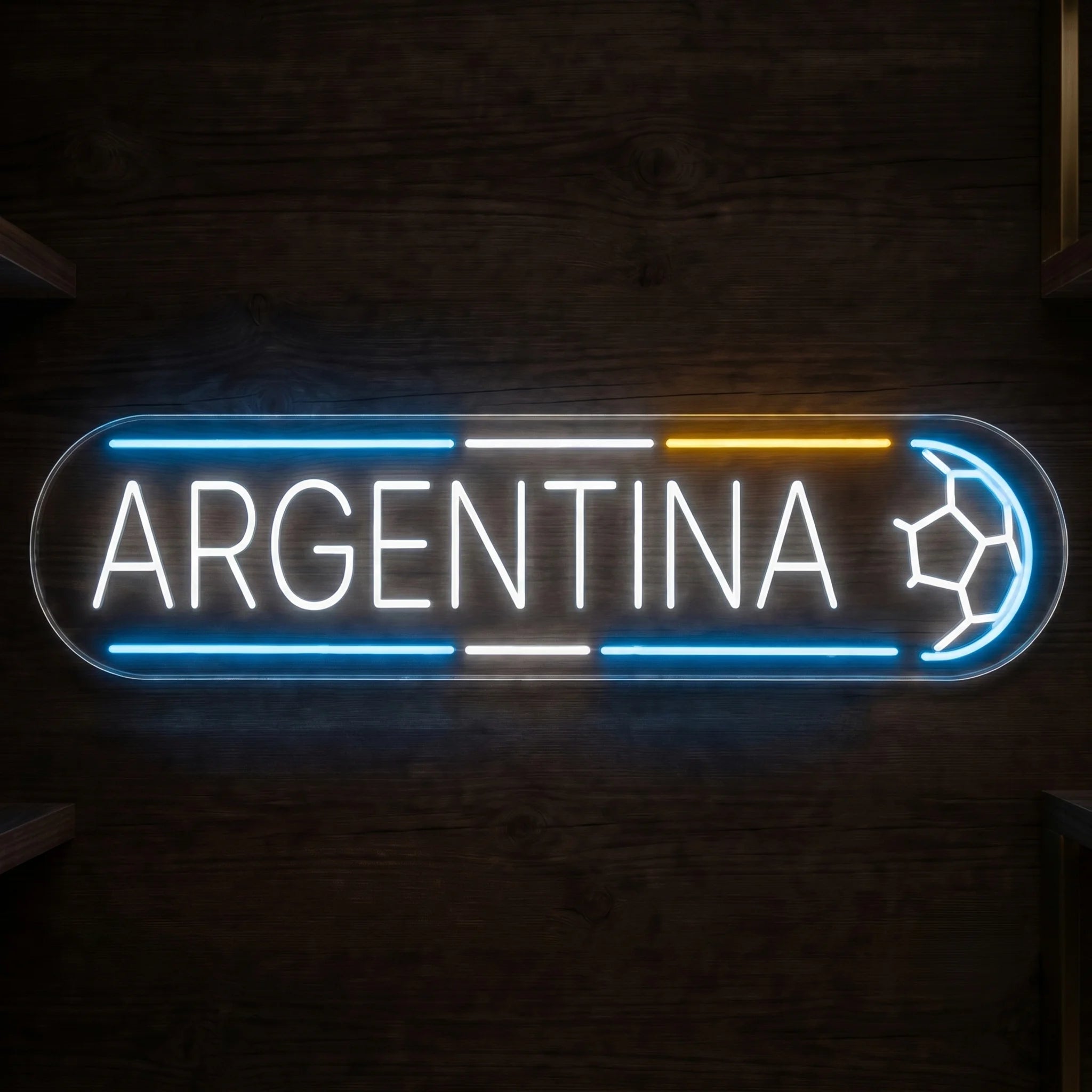 Argentina LED neon sign with soccer ball accent and blue white yellow football-inspired design