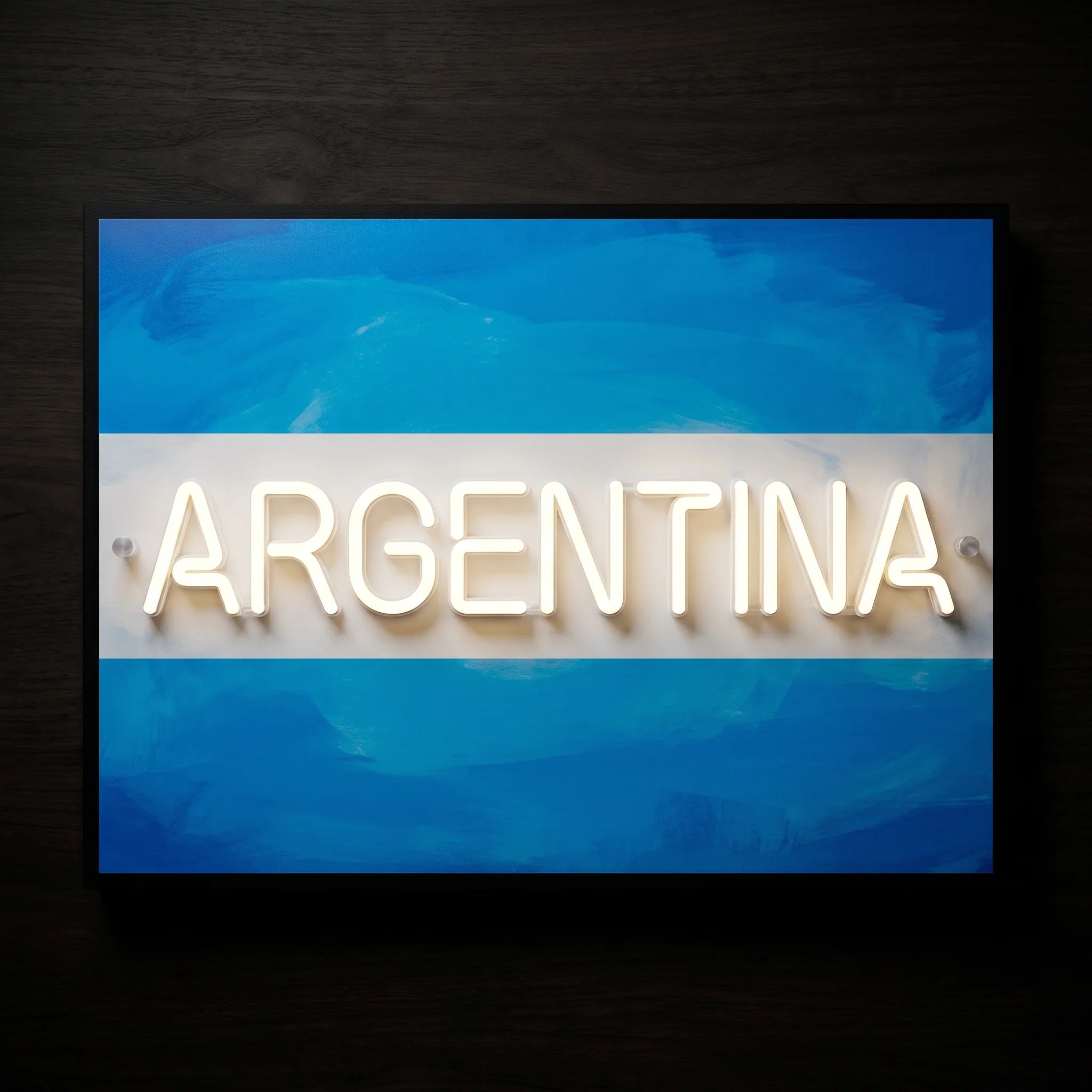 Argentina LED neon sign with painted blue and white flag panel and warm white lettering