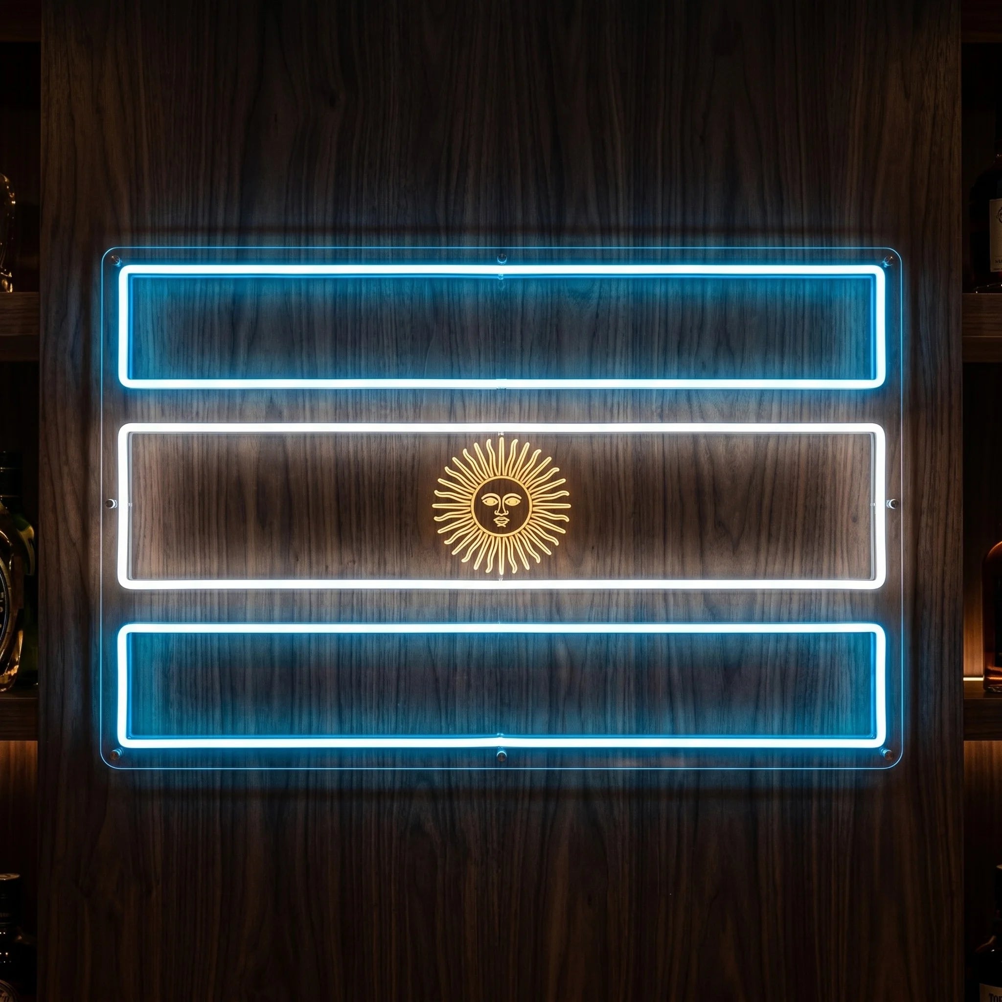 Argentina LED neon sign with horizontal blue and white flag bars and yellow sun detail