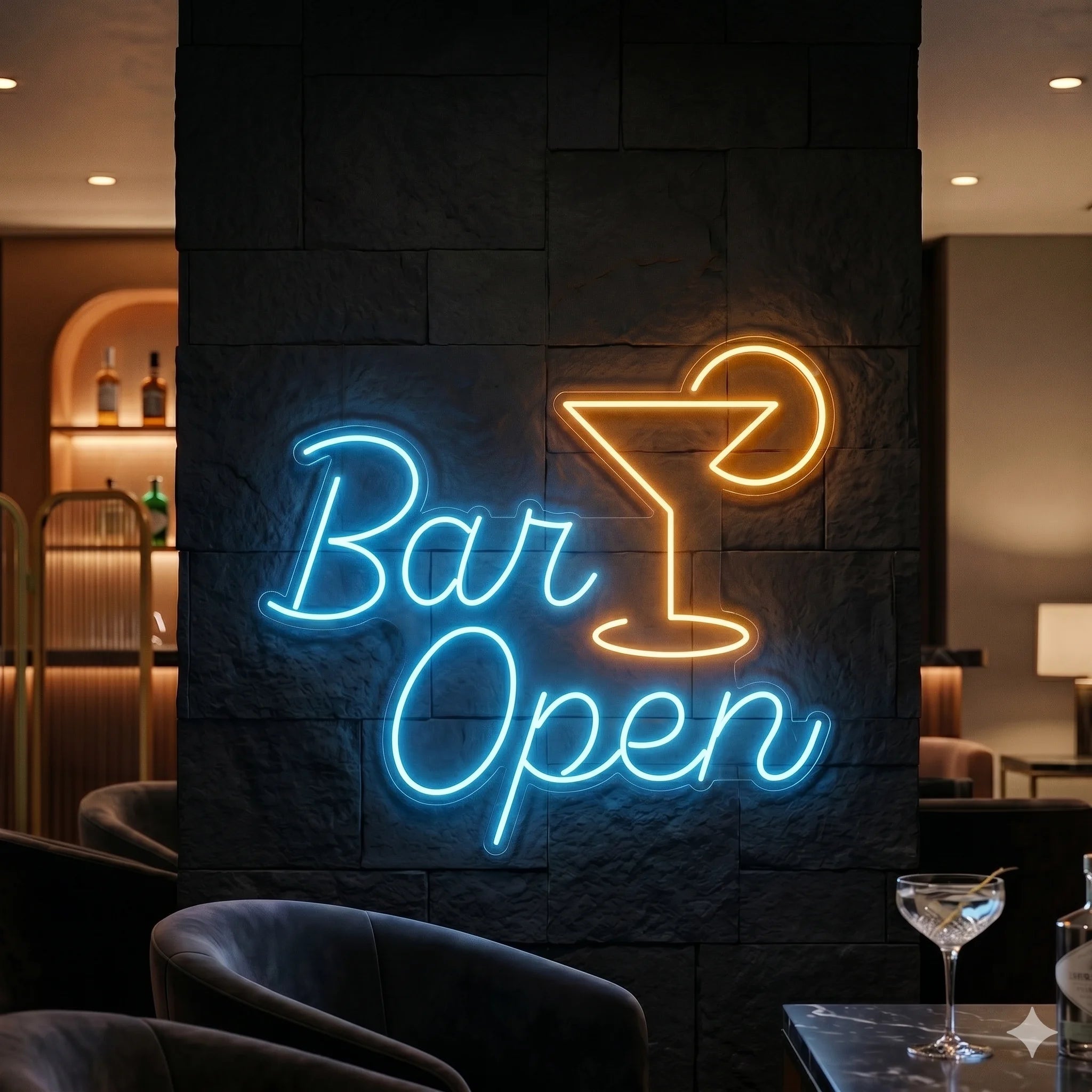 Photo of the 'BAR OPEN' neon sign glowing in ice blue and orange against a styled interior wall.