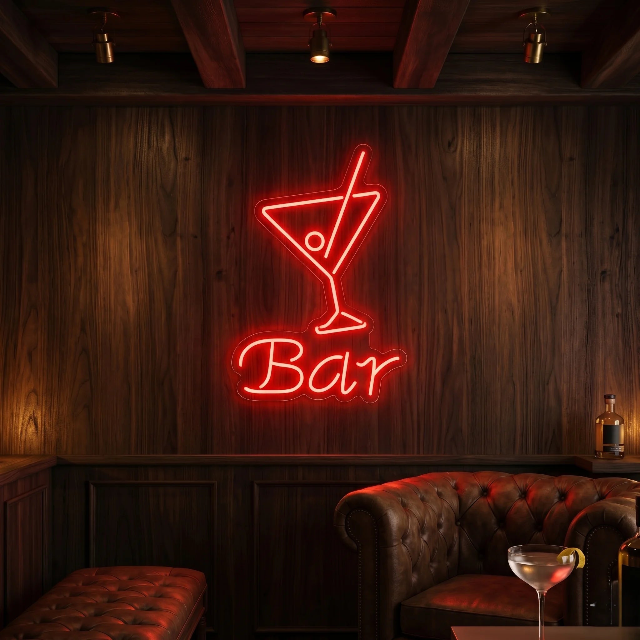 Photo of the 'BAR' neon sign glowing in red against a styled interior wall.