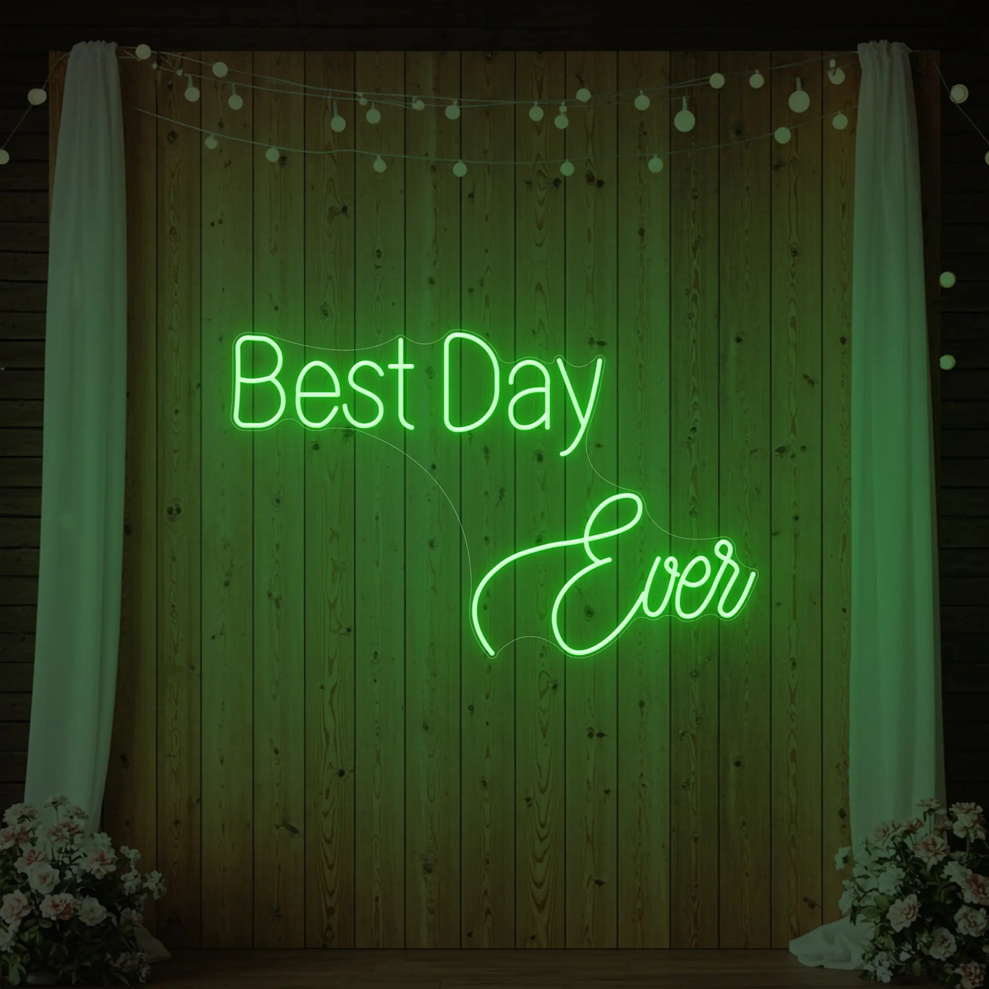 Photo of the 'Best Day Ever' neon sign glowing in green against a styled interior wall.