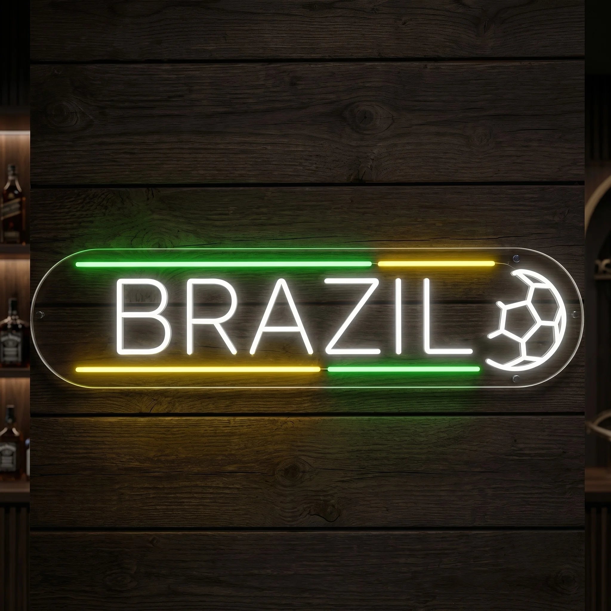 Brazil LED neon sign featuring soccer ball artwork with green yellow and white illumination