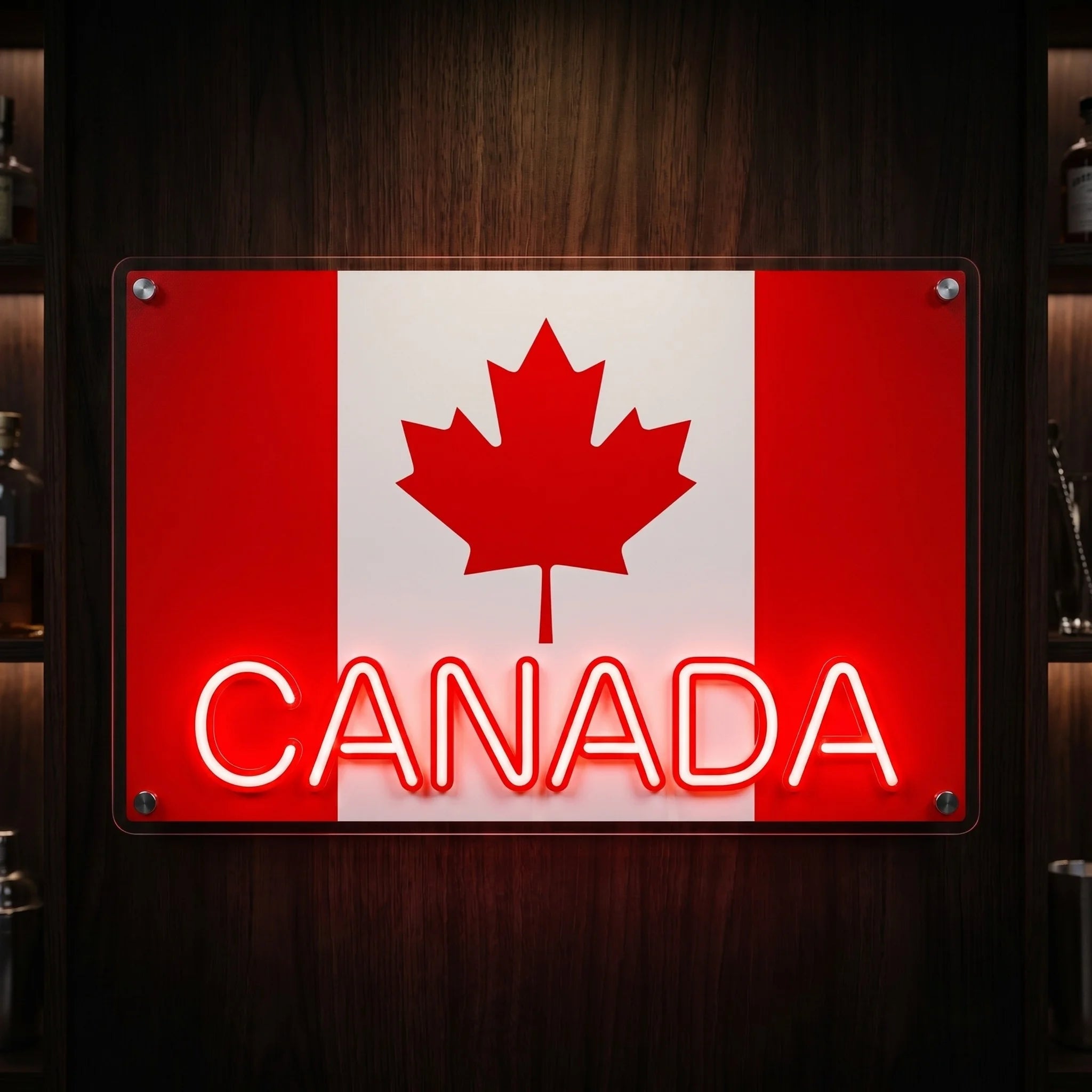 Canada LED neon sign featuring Canadian flag artwork with illuminated Canada lettering