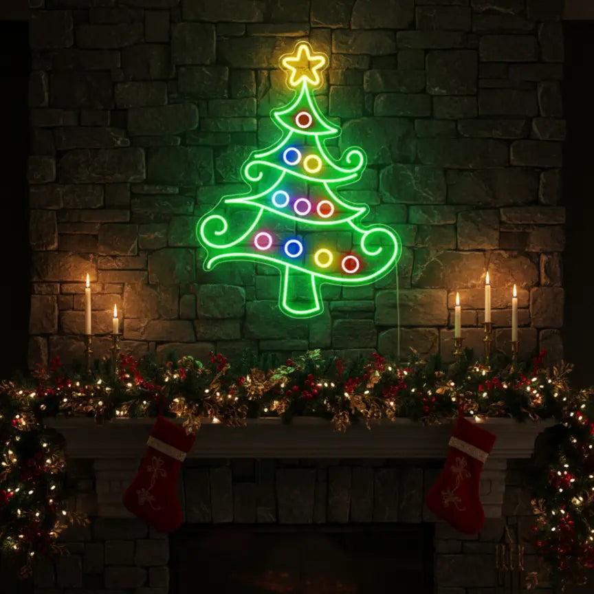 Photo of the 'Christmas Tree Neon Sign' neon sign glowing in multicolor against a styled interior wall.
