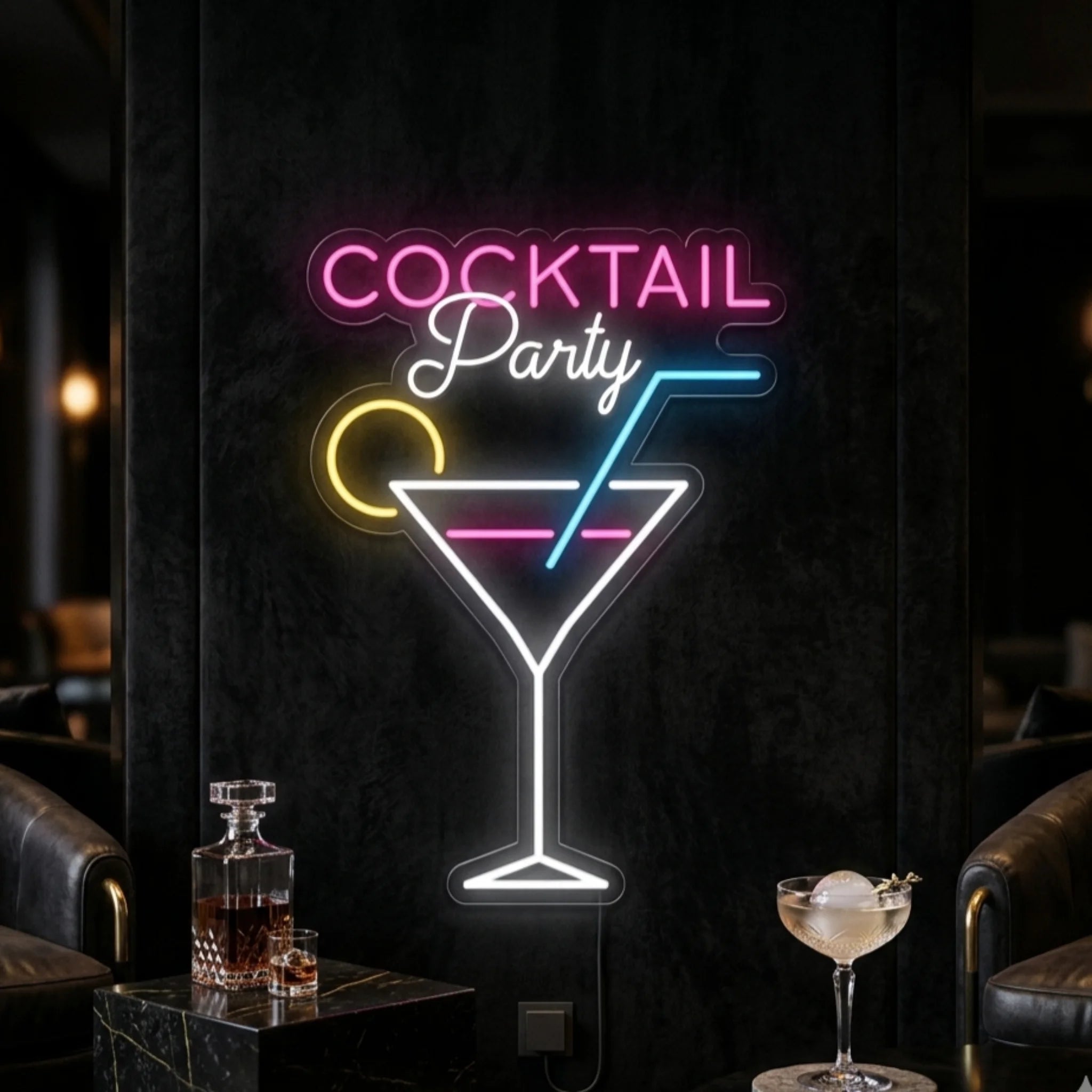 Photo of the 'Cocktail Party' neon sign glowing in multi-color against a styled interior wall.