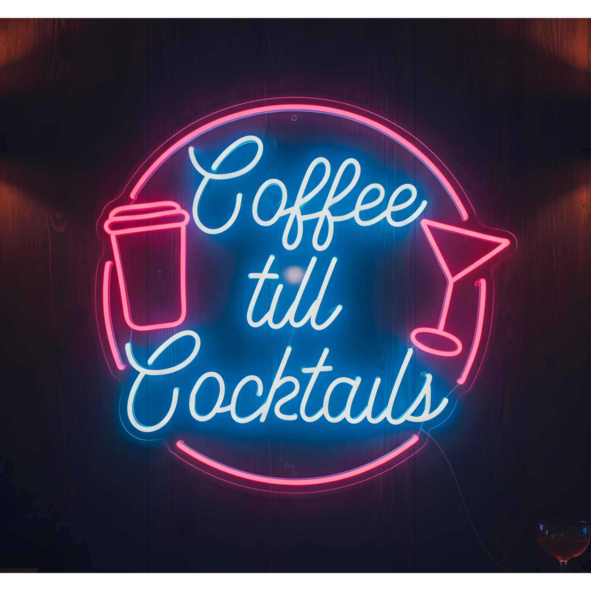 Photo of the 'Coffee Till Cocktails' neon sign glowing in multi-color against a modern café-inspired wall.