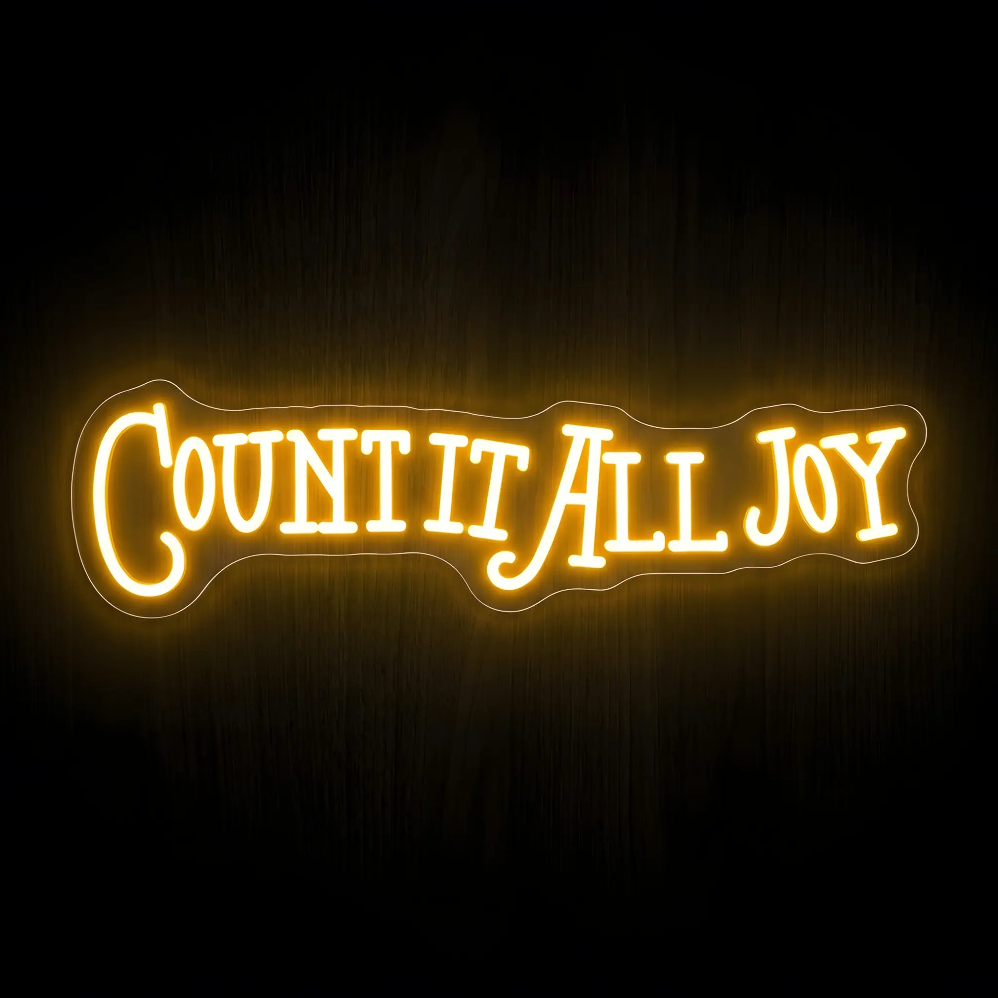 Count It All Joy LED neon sign with warm golden illumination on precision-cut acrylic backing, inspirational Christian wall decor inspired by James 1:2.