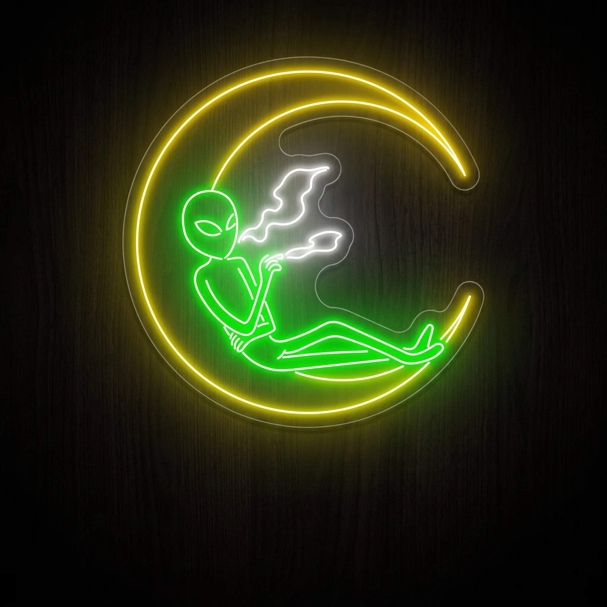 Green alien Crescent Moon Smoker LED neon sign with a glowing yellow moon, white smoke, and clear acrylic backing for recreational wall dΓ©cor.