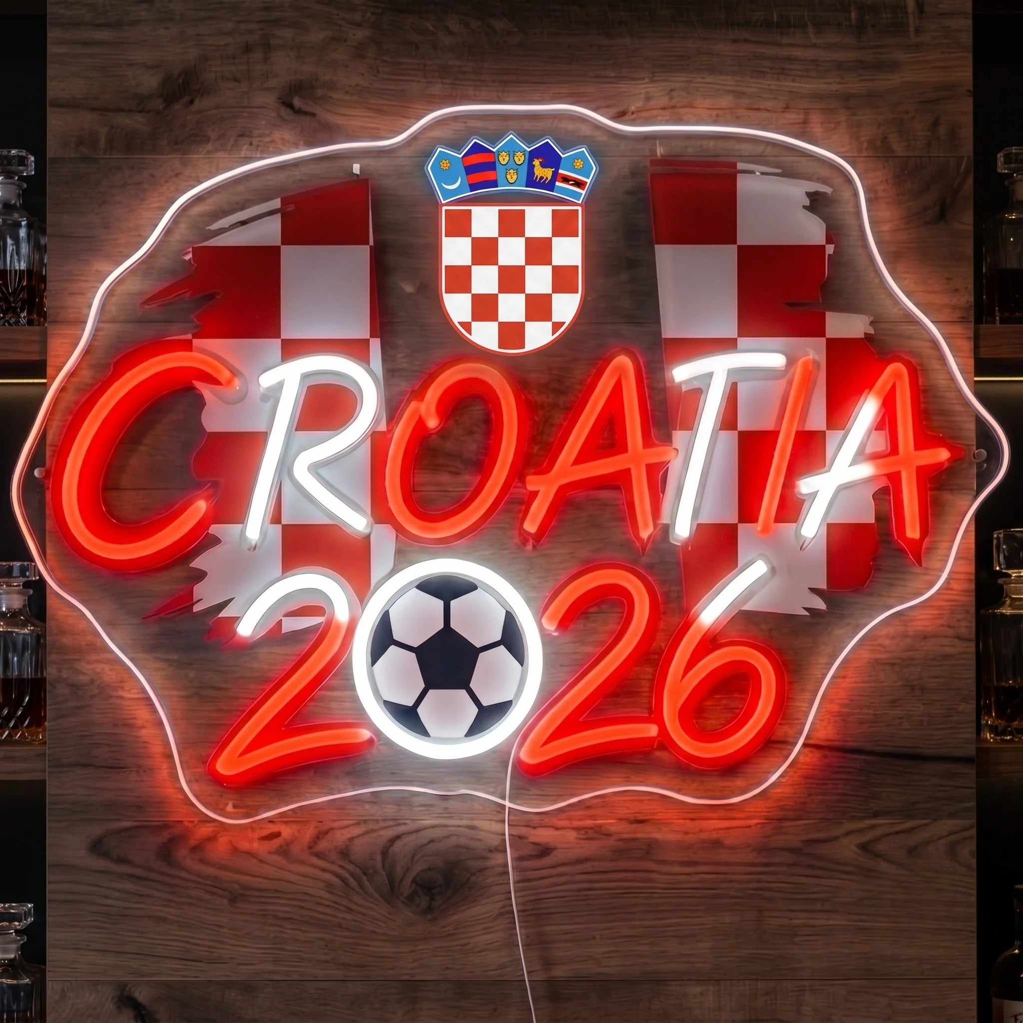 Croatia Football 2026 LED neon sign featuring checkerboard crest, football artwork, and illuminated typography