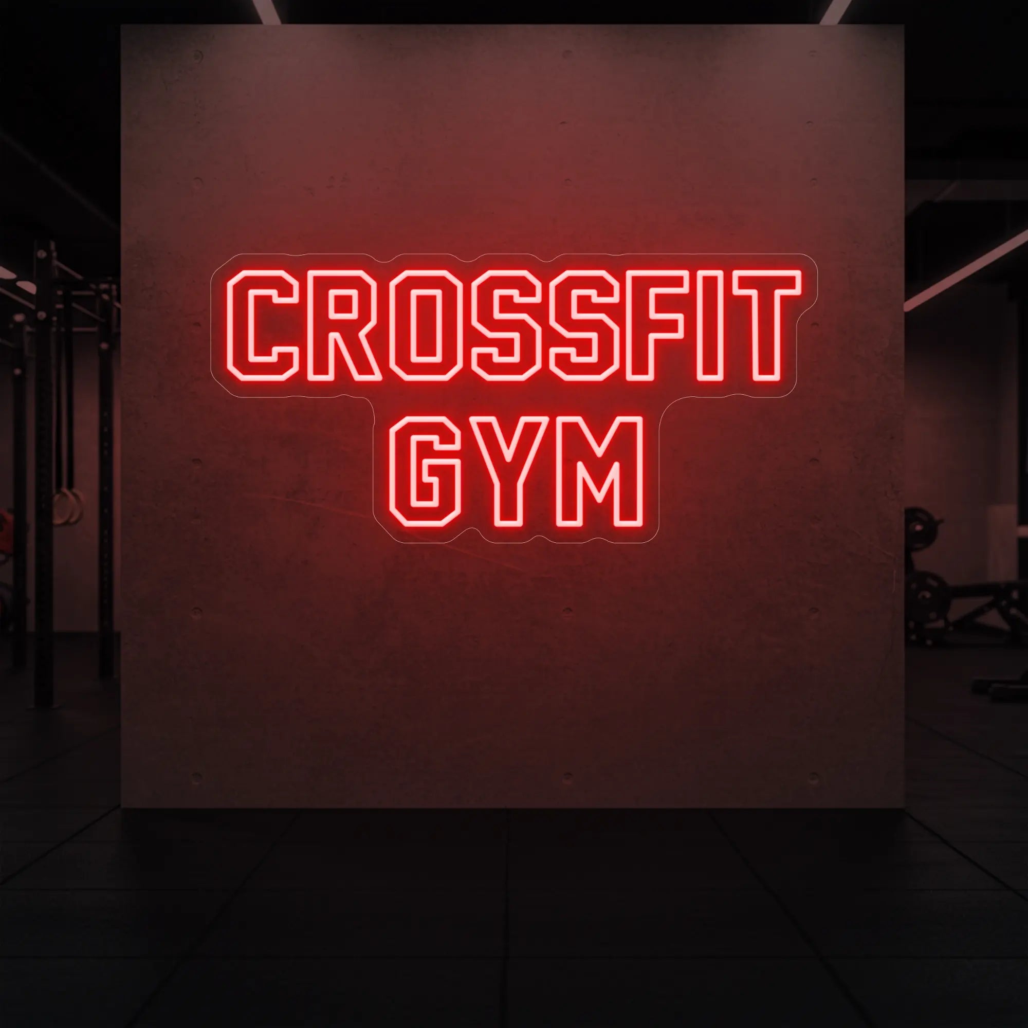 'CrossFit Gym' neon sign glowing in red against a styled interior wall.