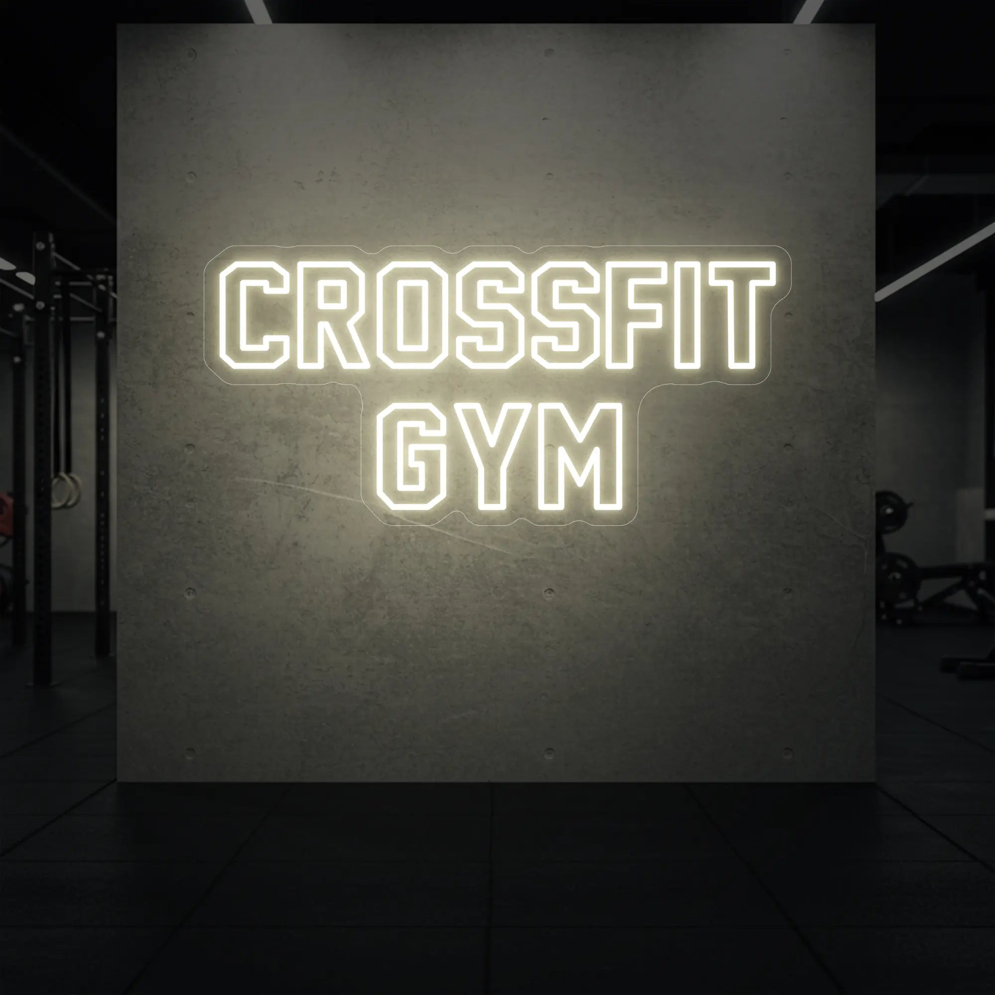 'CrossFit Gym' neon sign glowing in warm white against a styled interior wall.