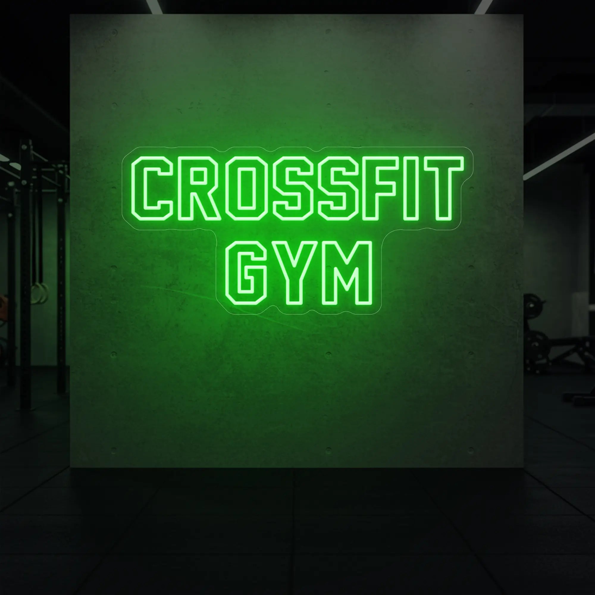 'CrossFit Gym' neon sign glowing in green against a styled interior wall.
