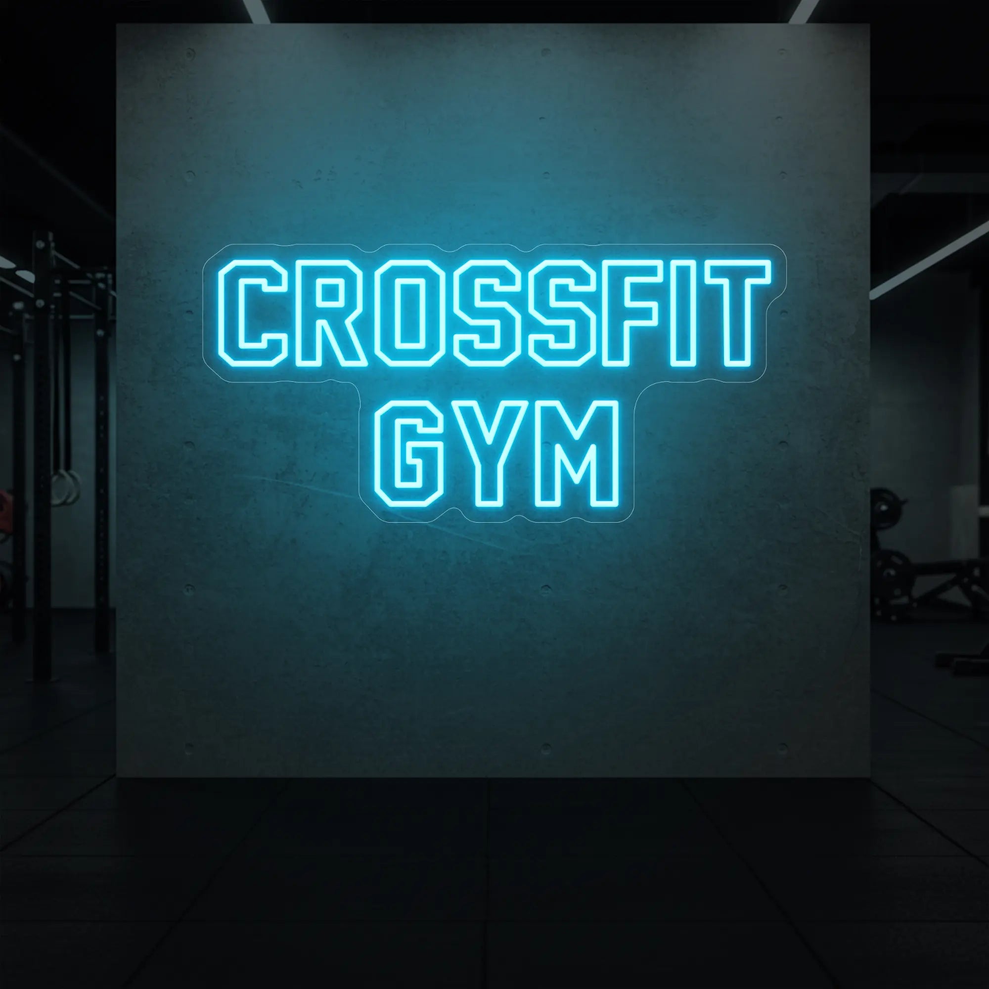 'CrossFit Gym' neon sign glowing in ice blue against a styled interior wall.