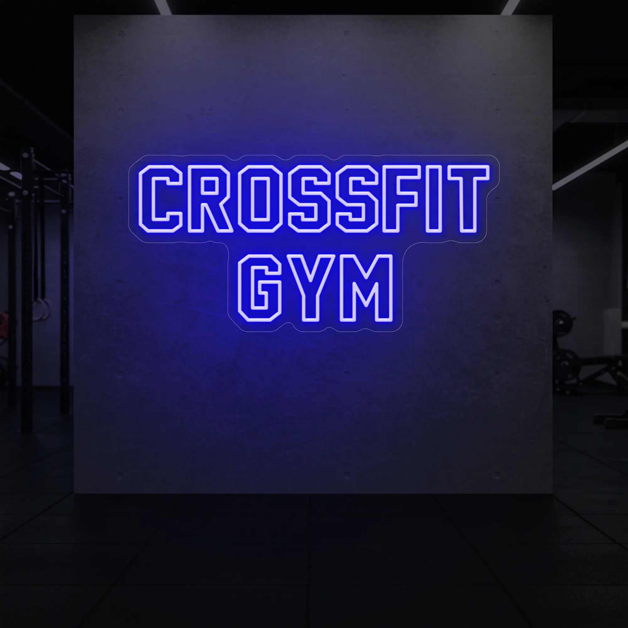 'CrossFit Gym' neon sign glowing in deep blue against a styled interior wall.