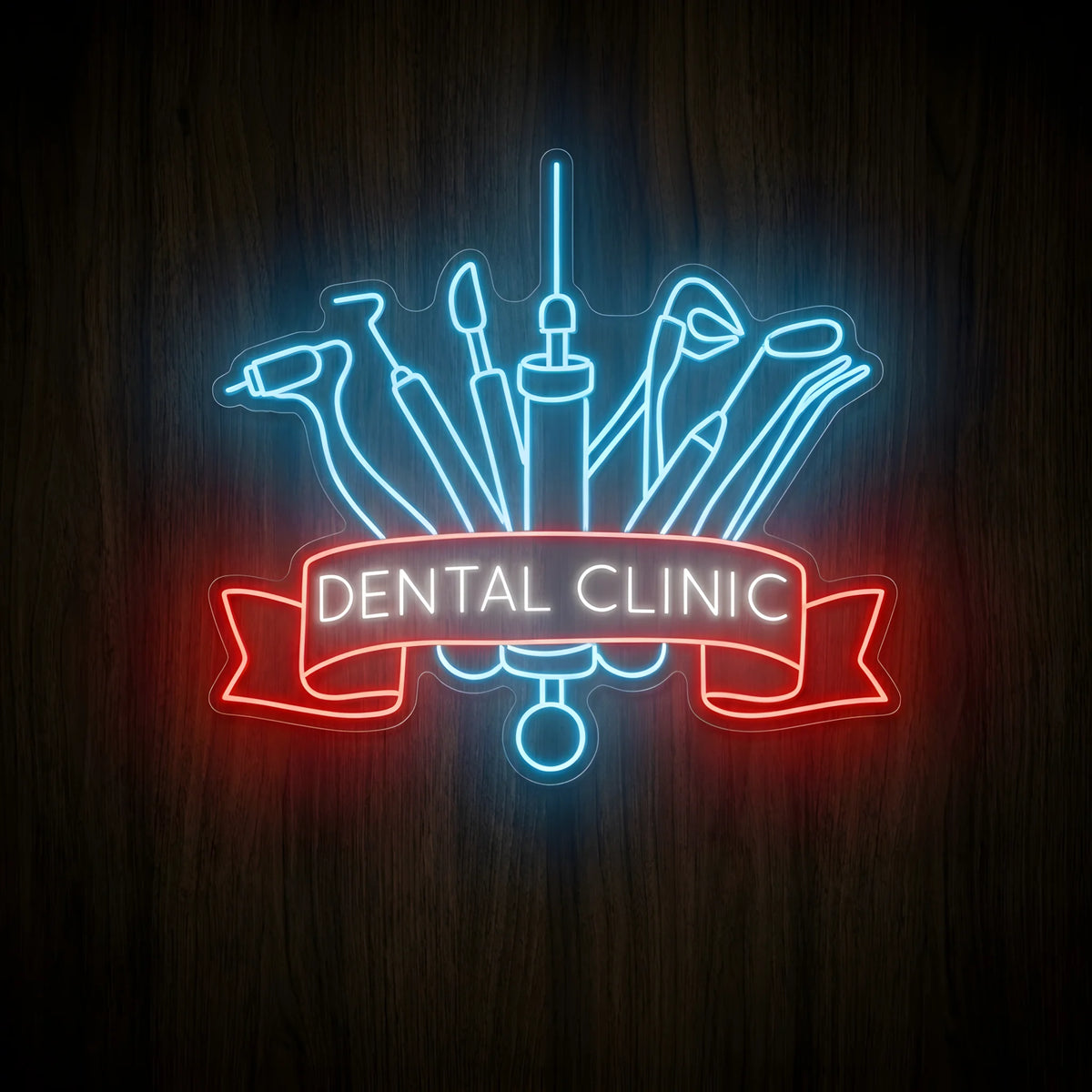 Dental Clinic Instruments LED neon sign featuring blue dental tools above a red ribbon banner with glowing white DENTAL CLINIC lettering on clear acrylic backing for dentist office wall decor.
