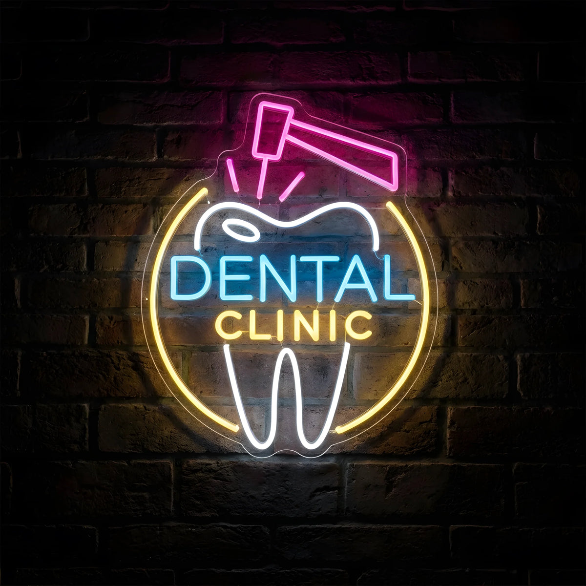 Dental Clinic Tooth Treatment LED neon sign featuring a white tooth outline, pink dental instrument, blue and yellow Dental Clinic lettering, and golden circular accents on clear acrylic backing against a dark brick wall.