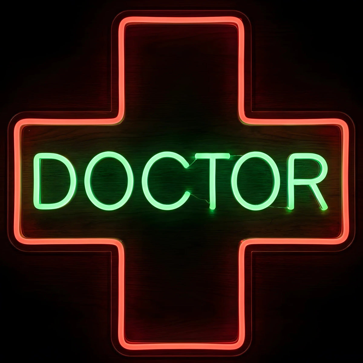 Doctor Medical Cross LED Neon Sign featuring bright green DOCTOR lettering inside a glowing red medical cross on clear acrylic backing against a dark wooden wall.