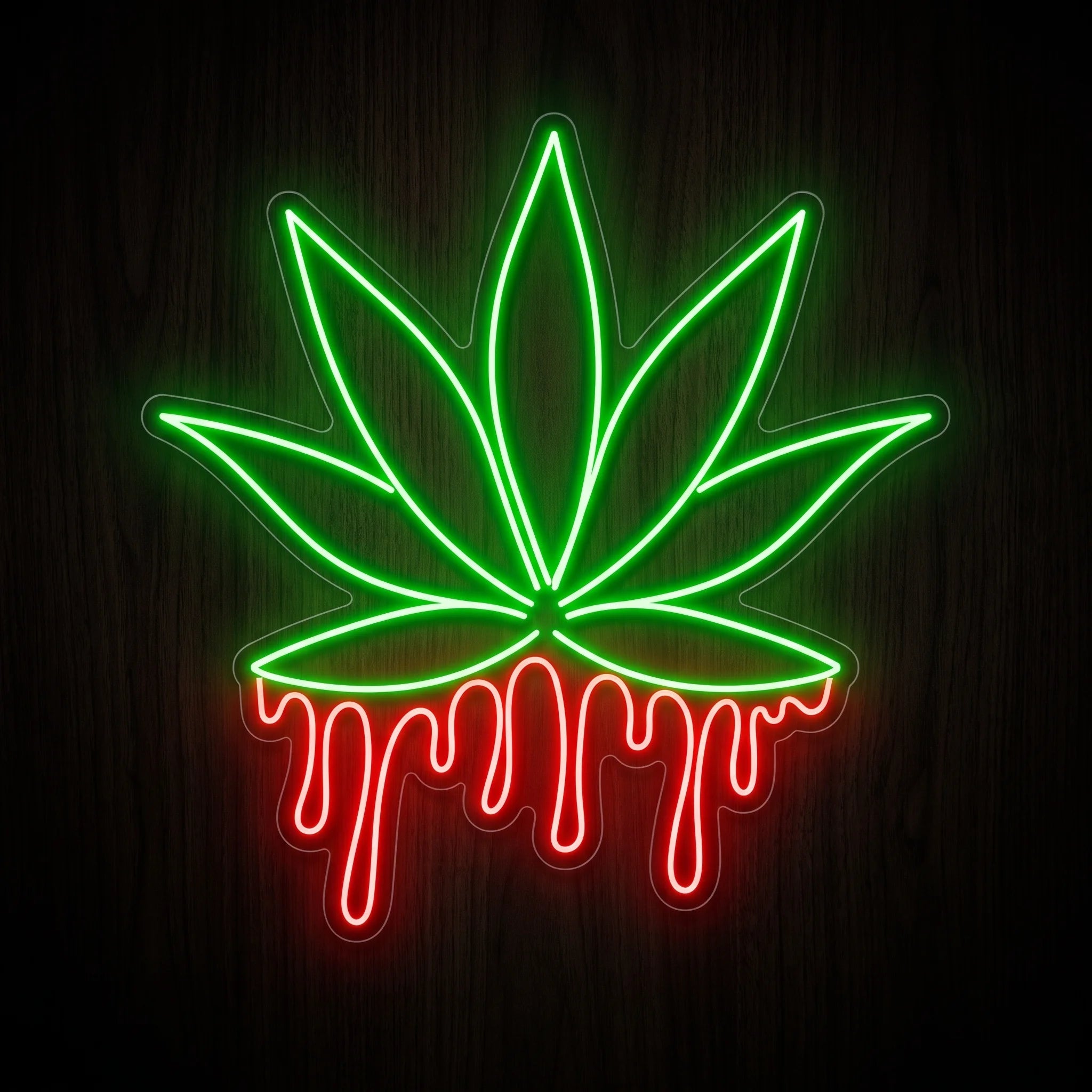 Dripping cannabis leaf LED neon sign with a green leaf, red dripping detail, and clear acrylic backing for cannabis wall dΓ©cor.