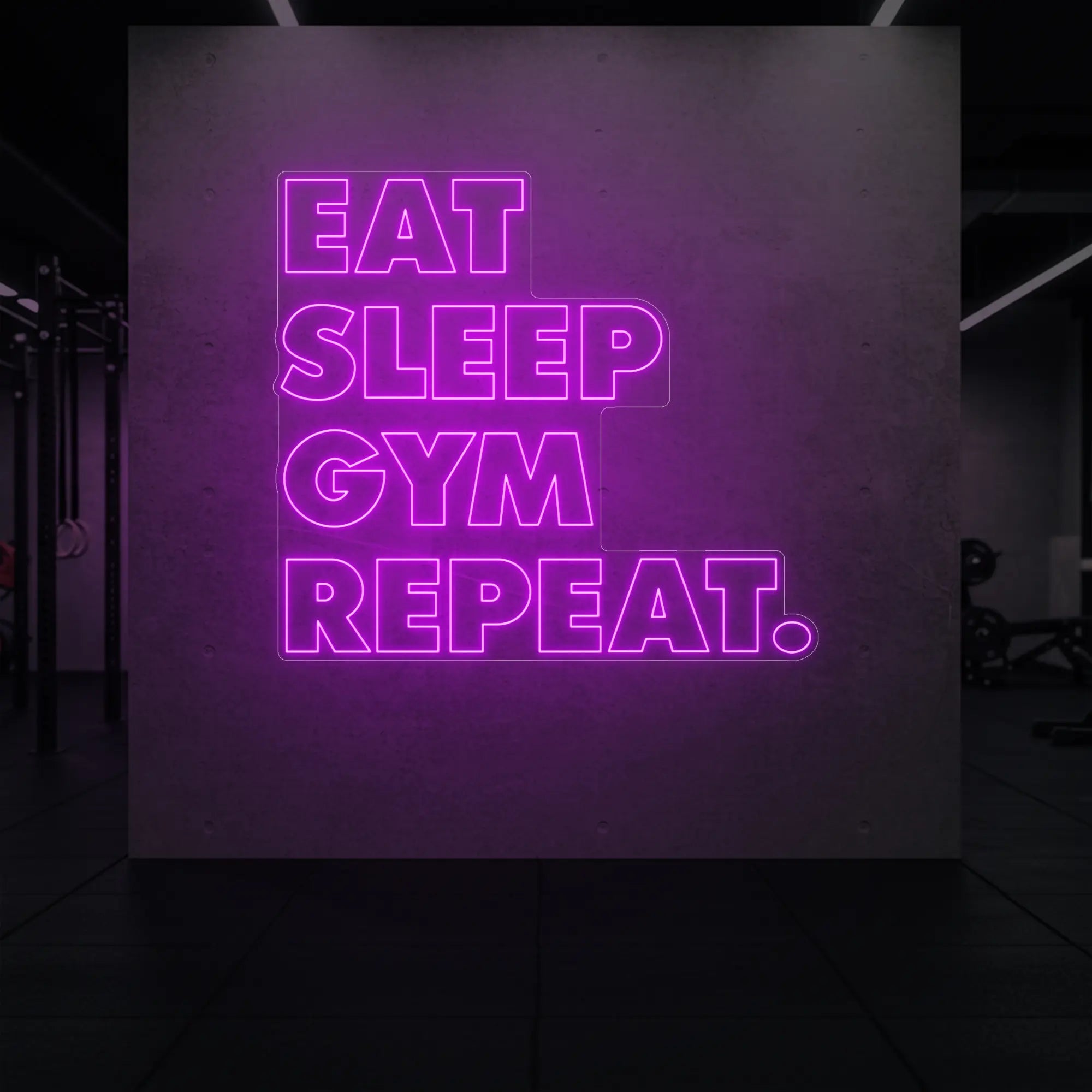 'Eat Sleep Gym Repeat' neon sign glowing in deep pink against a styled interior wall.
