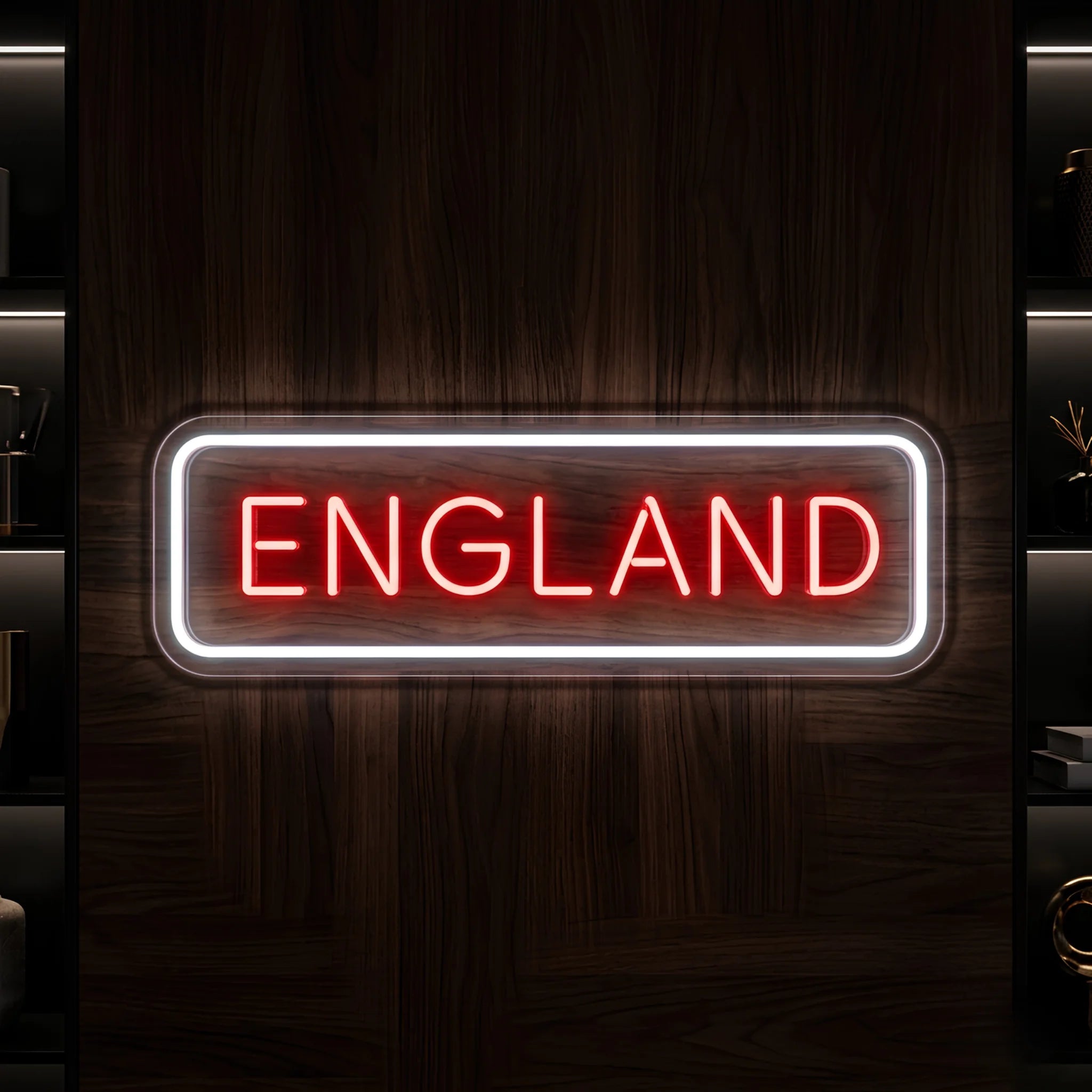 England LED neon sign with red illuminated lettering and cool white border on clear acrylic backing