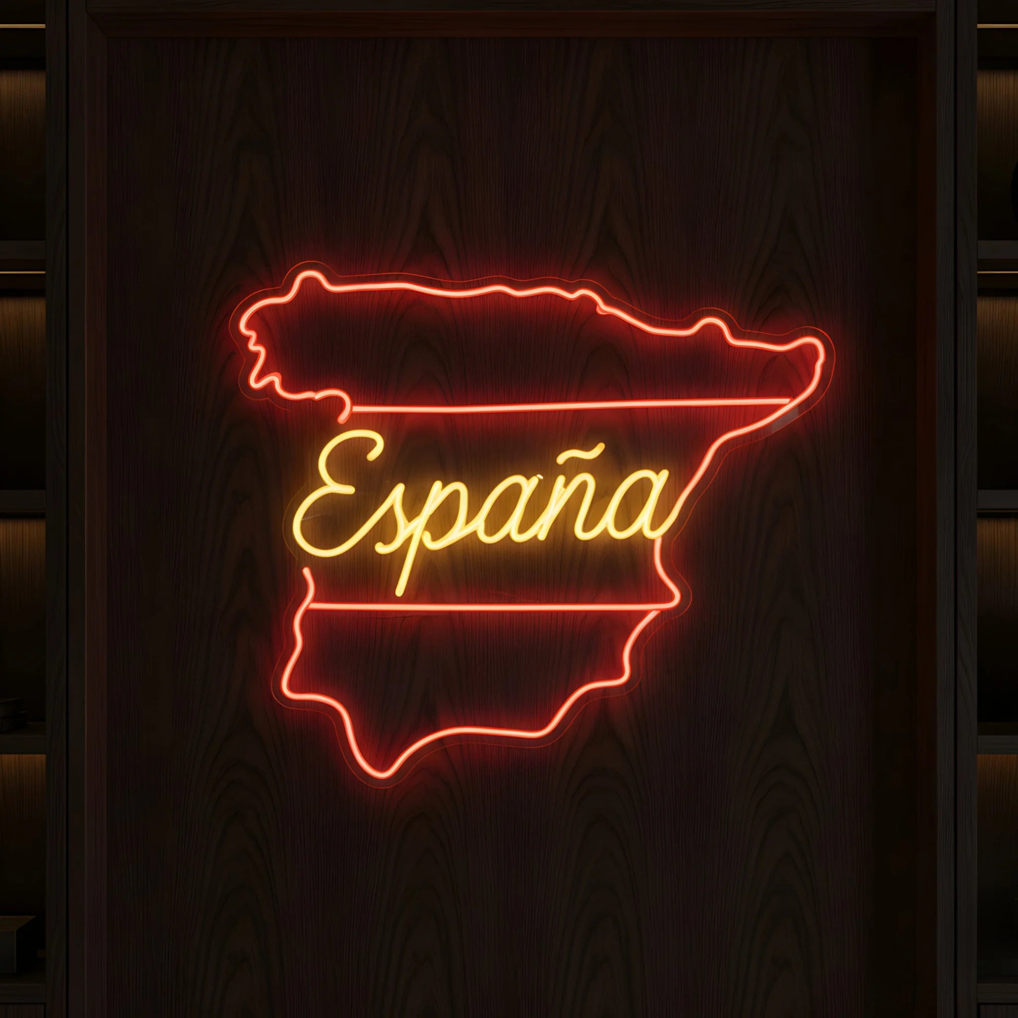 España LED neon sign featuring Spain map outline with illuminated script lettering