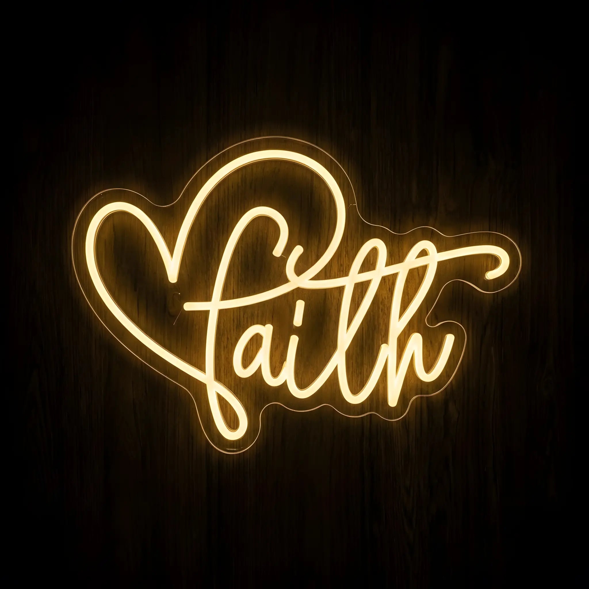 Faith LED neon sign with heart design on precision-cut acrylic backing featuring warm white illumination for Christian wall decor.