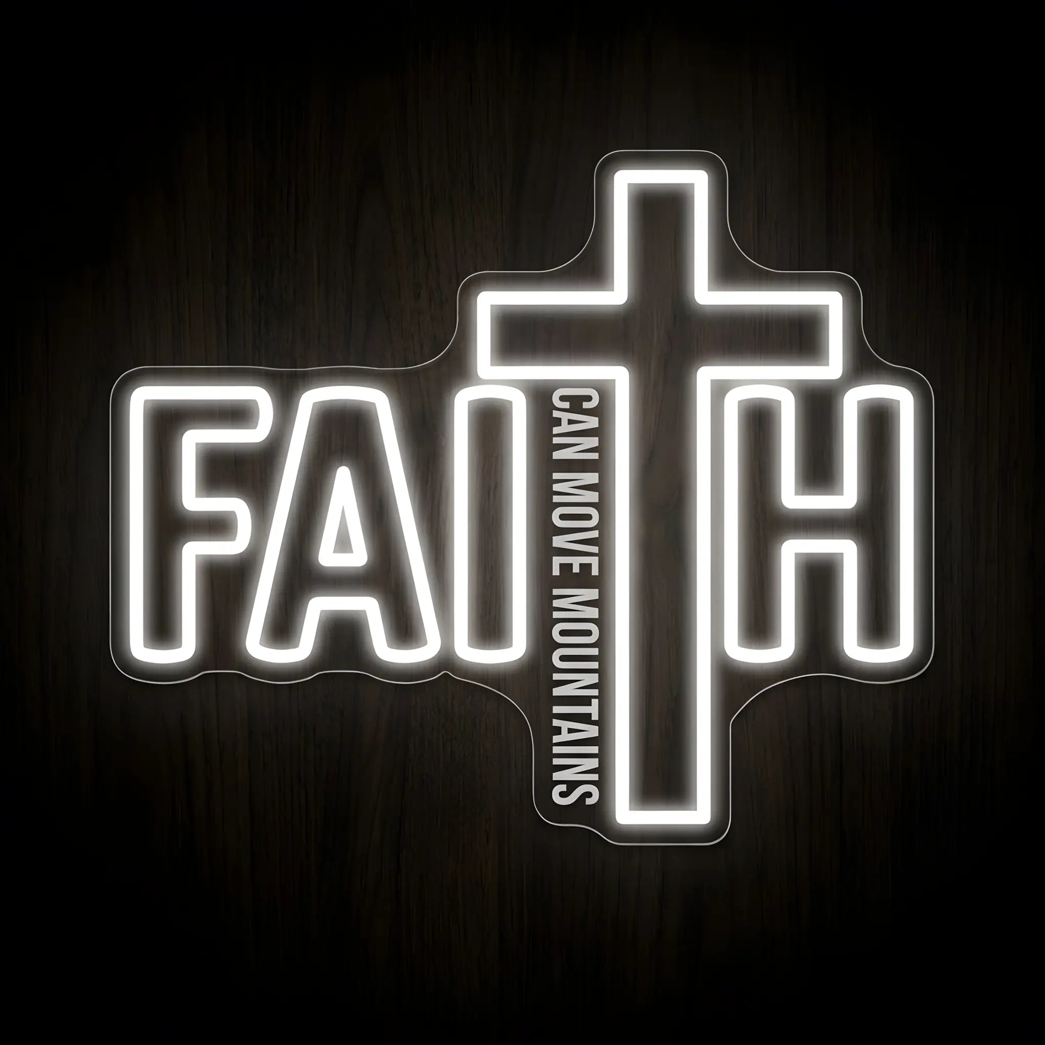 Faith Can Move Mountains LED neon sign featuring a cross on precision-cut acrylic backing with bright cool white illumination for Christian wall decor.