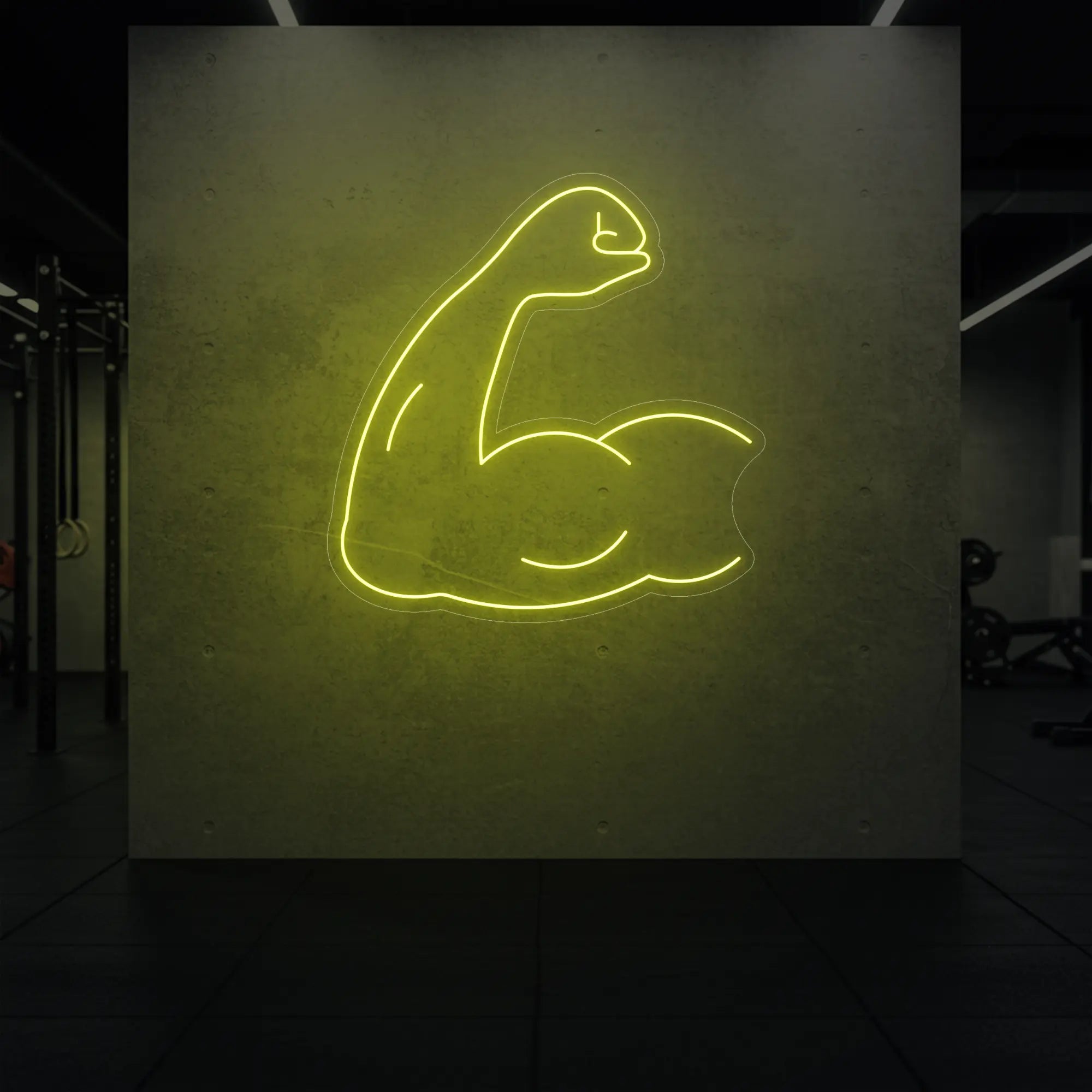 'Flexing Bicep Arm' neon sign glowing in lemon yellow against a styled interior wall.