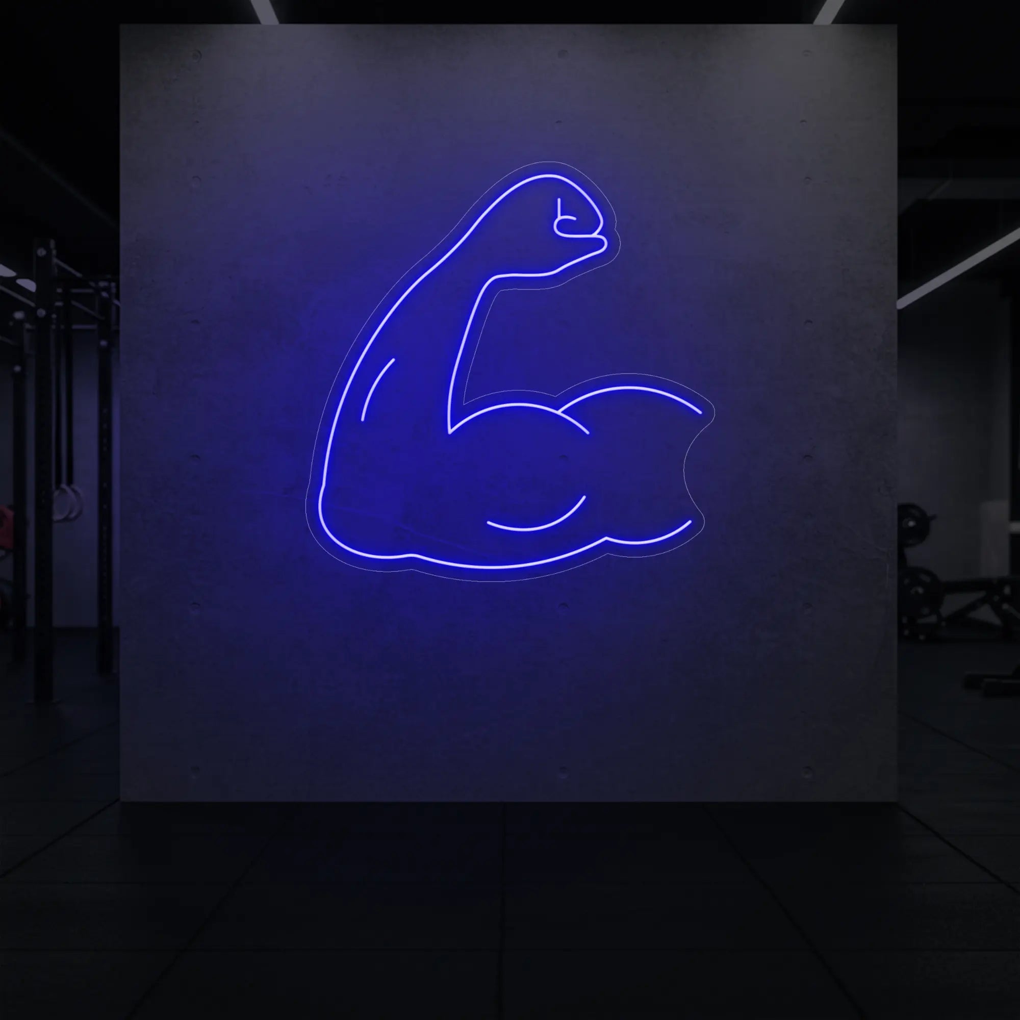 'Flexing Bicep Arm' neon sign glowing in deep blue against a styled interior wall.