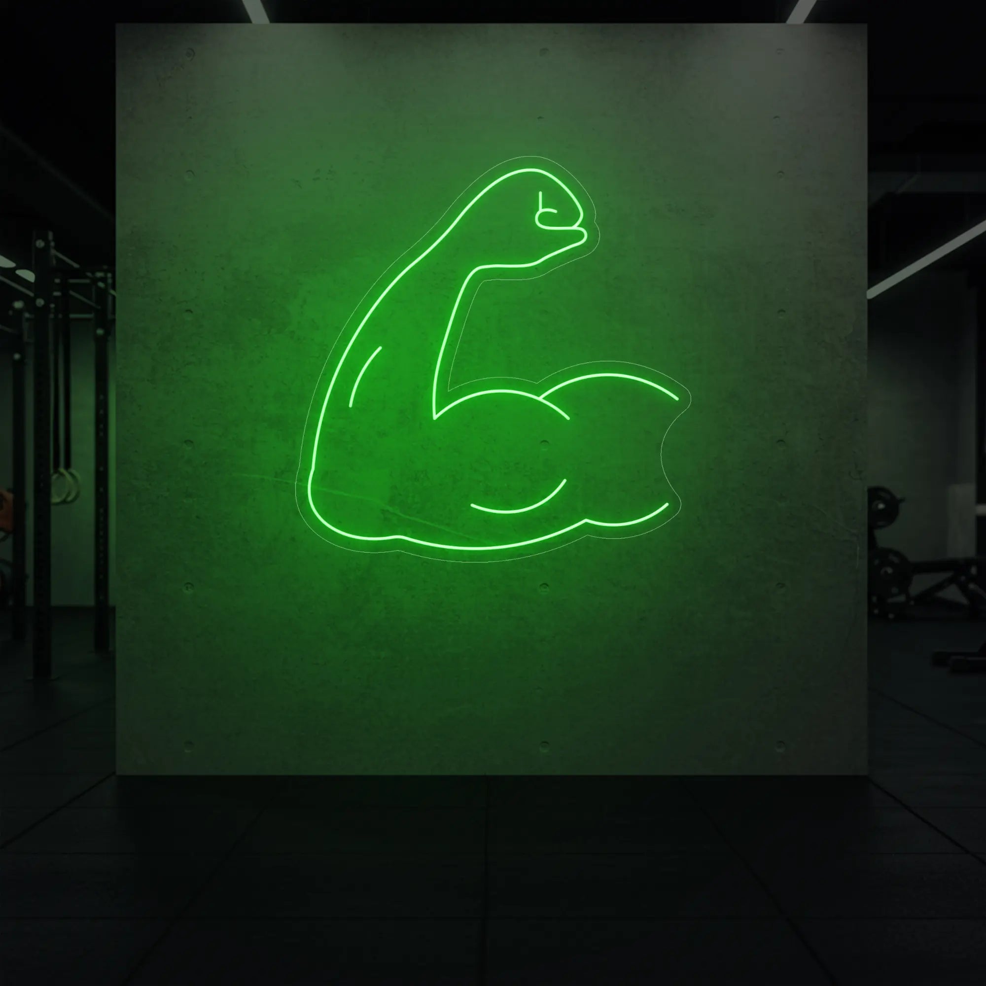 'Flexing Bicep Arm' neon sign glowing in green against a styled interior wall.
