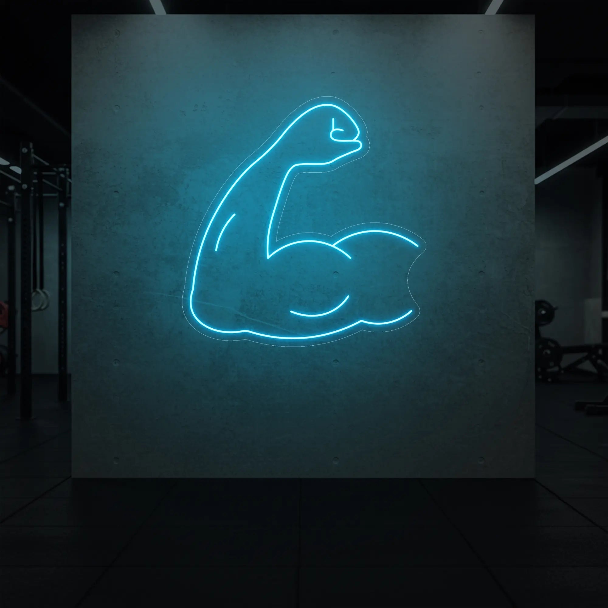 'Flexing Bicep Arm' neon sign glowing in ice blue against a styled interior wall.