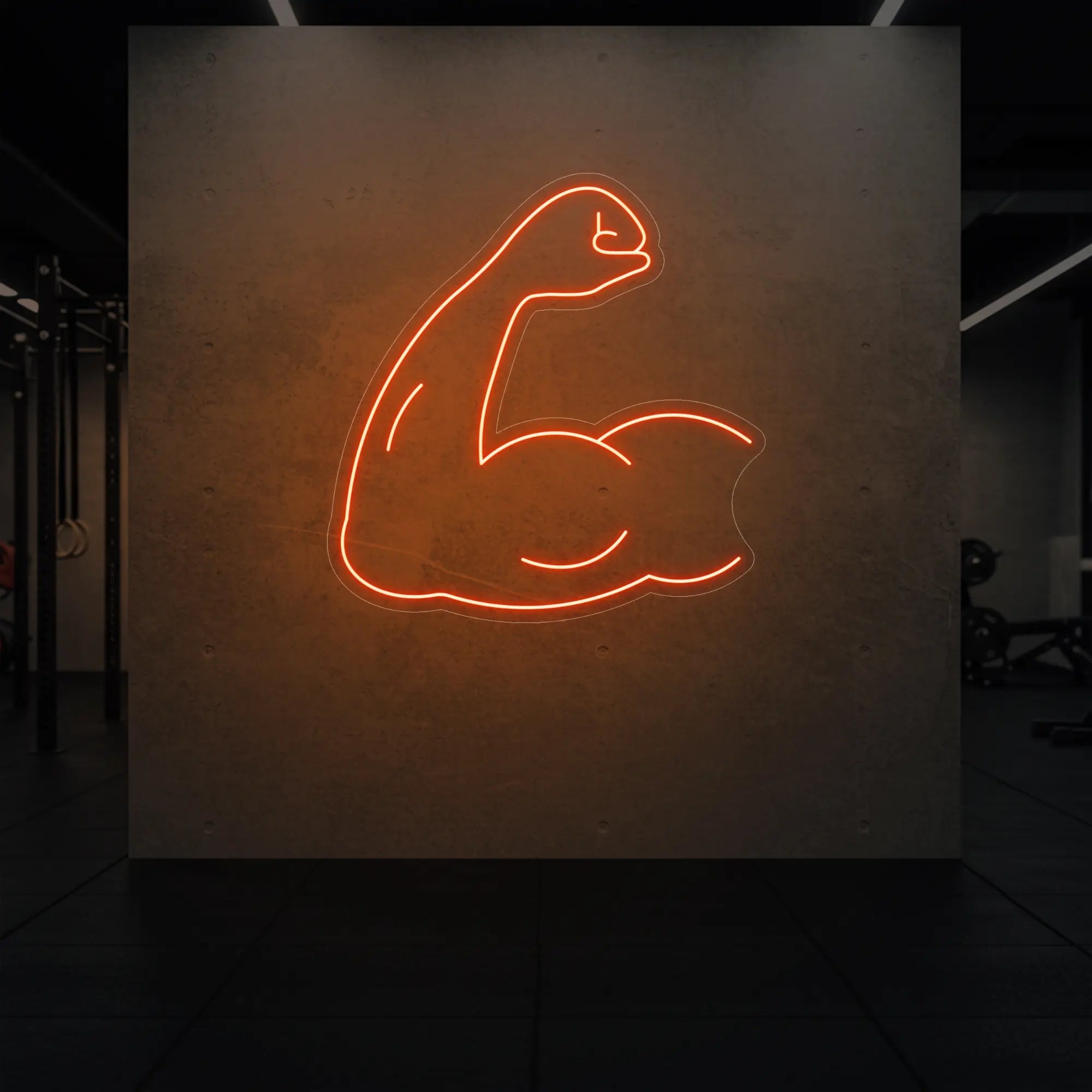 'Flexing Bicep Arm' neon sign glowing in golden yellow against a styled interior wall.