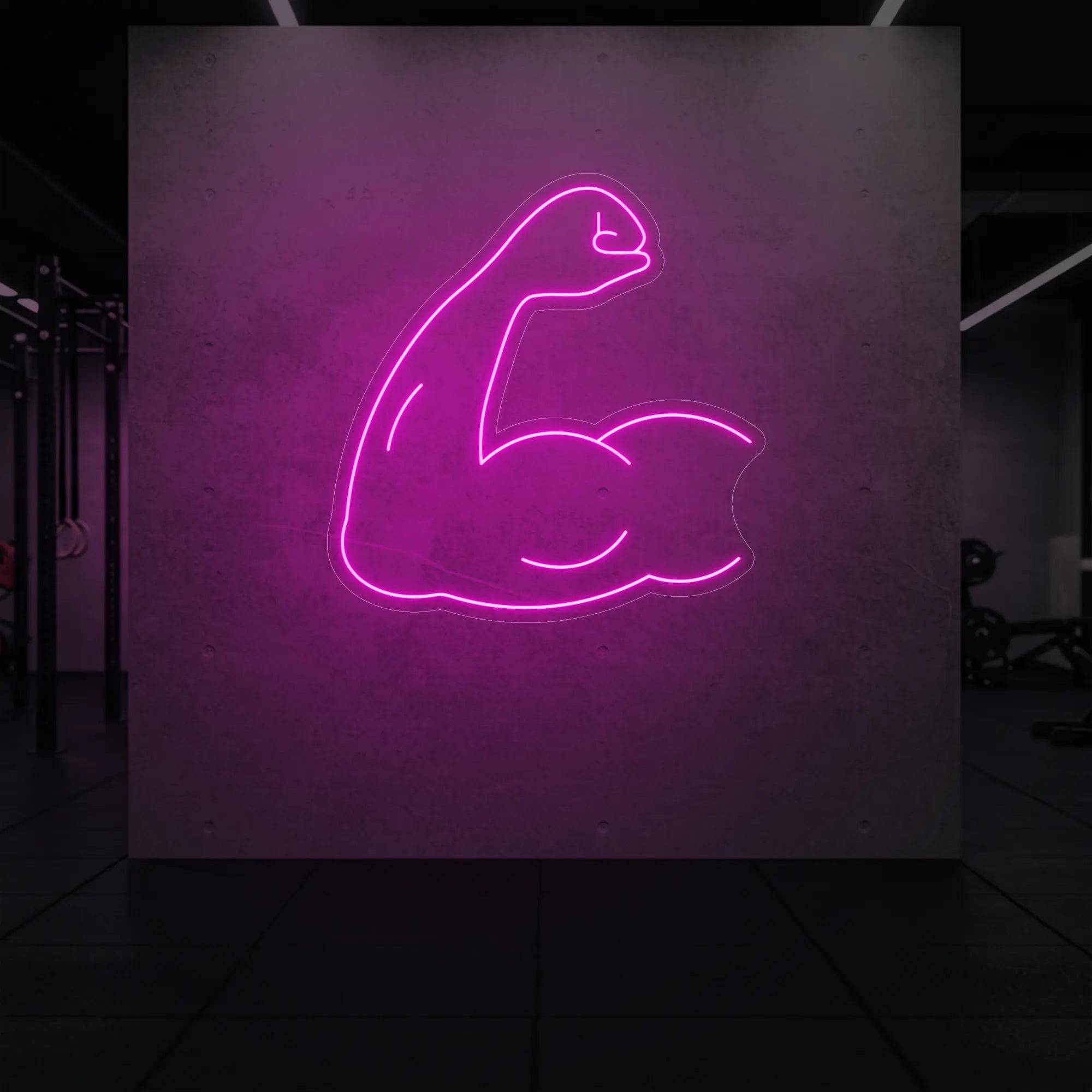 'Flexing Bicep Arm' neon sign glowing in light pink against a styled interior wall.